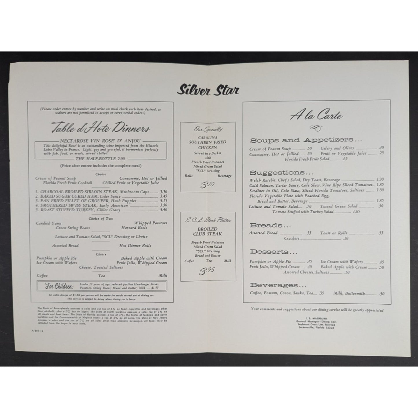 SCL Seaboard Coast Line Railroad Silver Star Florida Menu Vintage