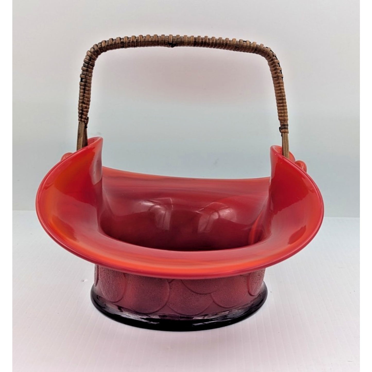 Fenton Big Cookies Basket Mandarin Red Orange Slag Glass w/ Weaved Handle 1930's
