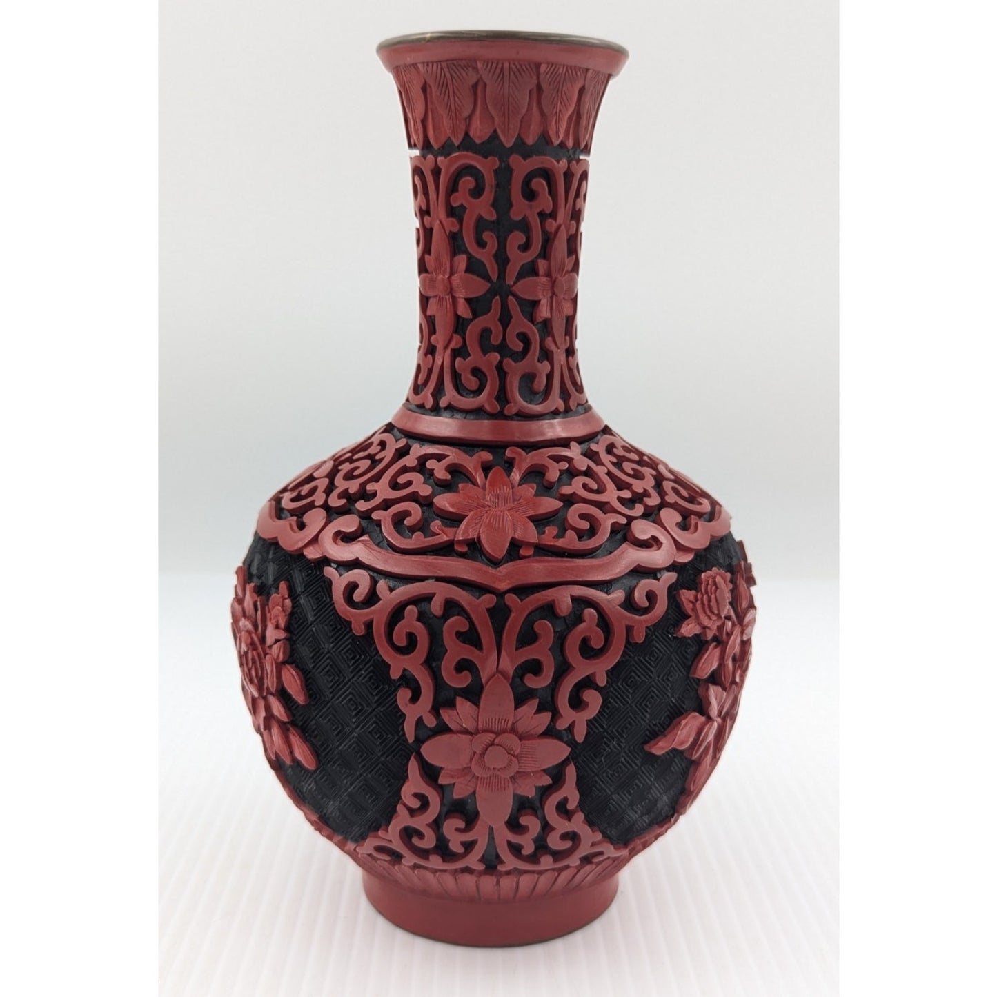 Vintage Chinese Cinnabar Lacquered Vase Red Black 8" Brass & Blue Enamel