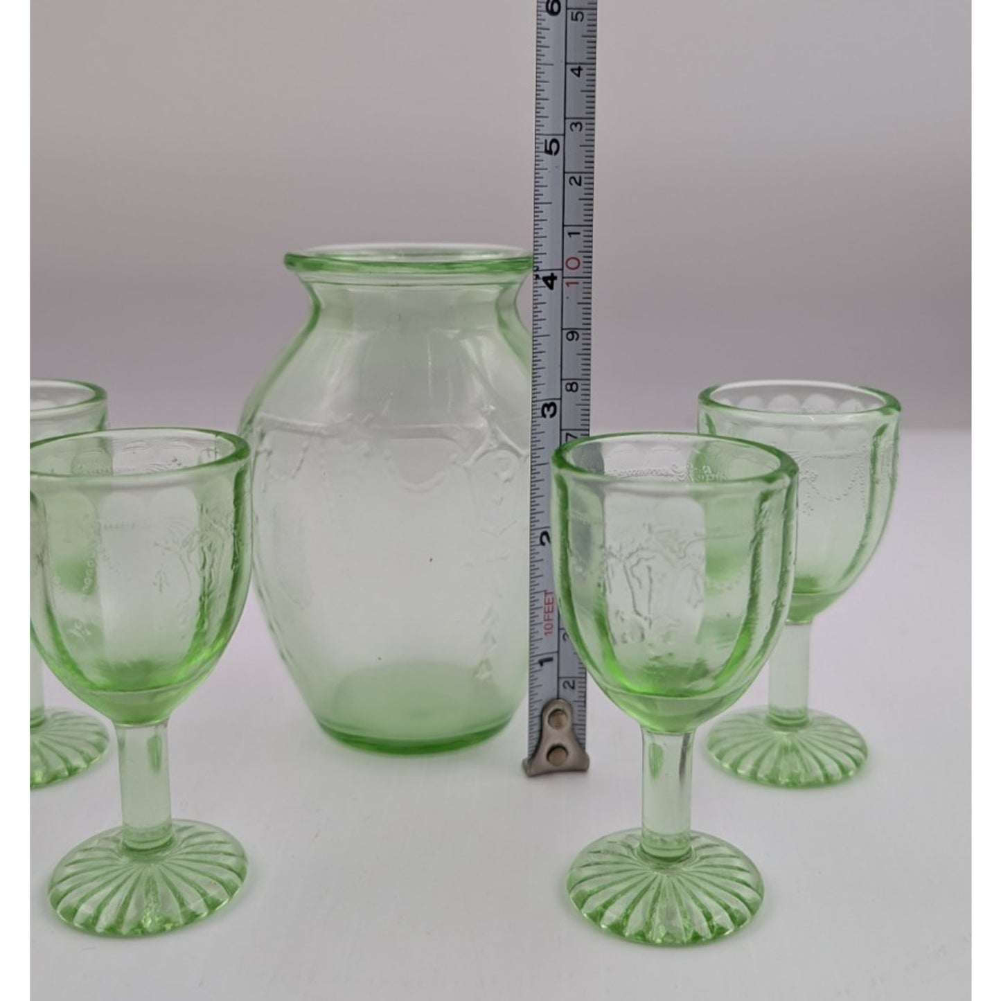 Vintage Mosser Green Glass Miniature Jennifer Set #8 - Vase and Stem Glasses