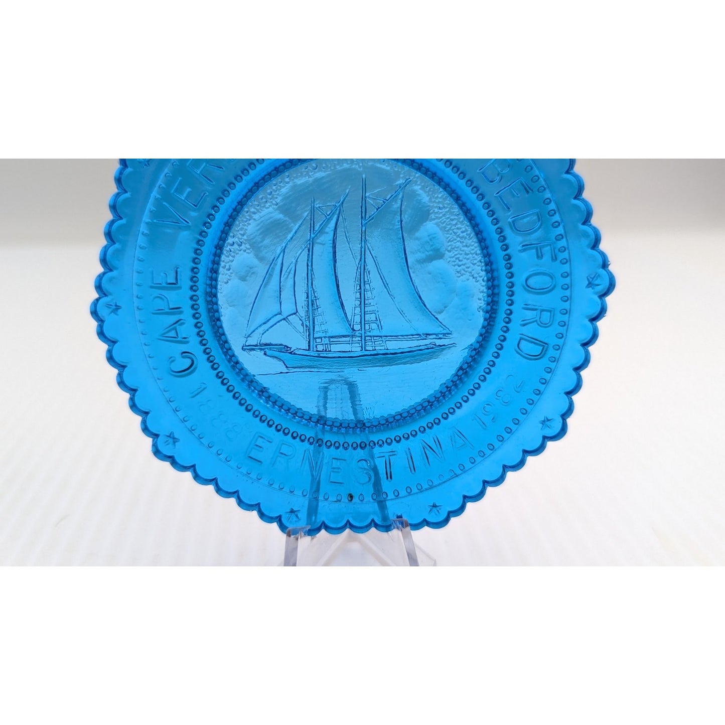 Schooner Ernestina Cape Verde New Bedford Glass Pairpoint Cup Plate Blue Ship