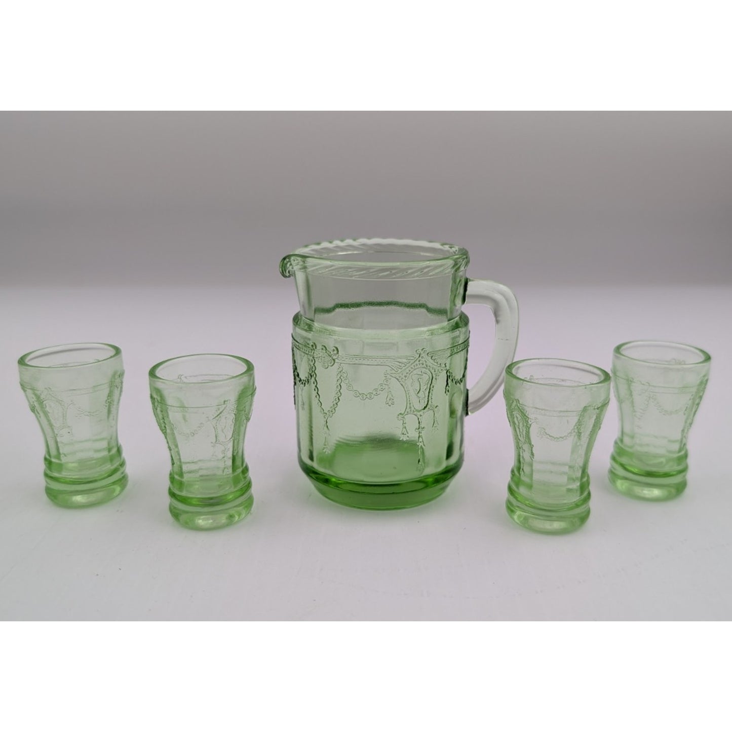 Vintage Mosser Green Glass Miniature Jennifer Set #11 - Pitcher and 4 Glasses