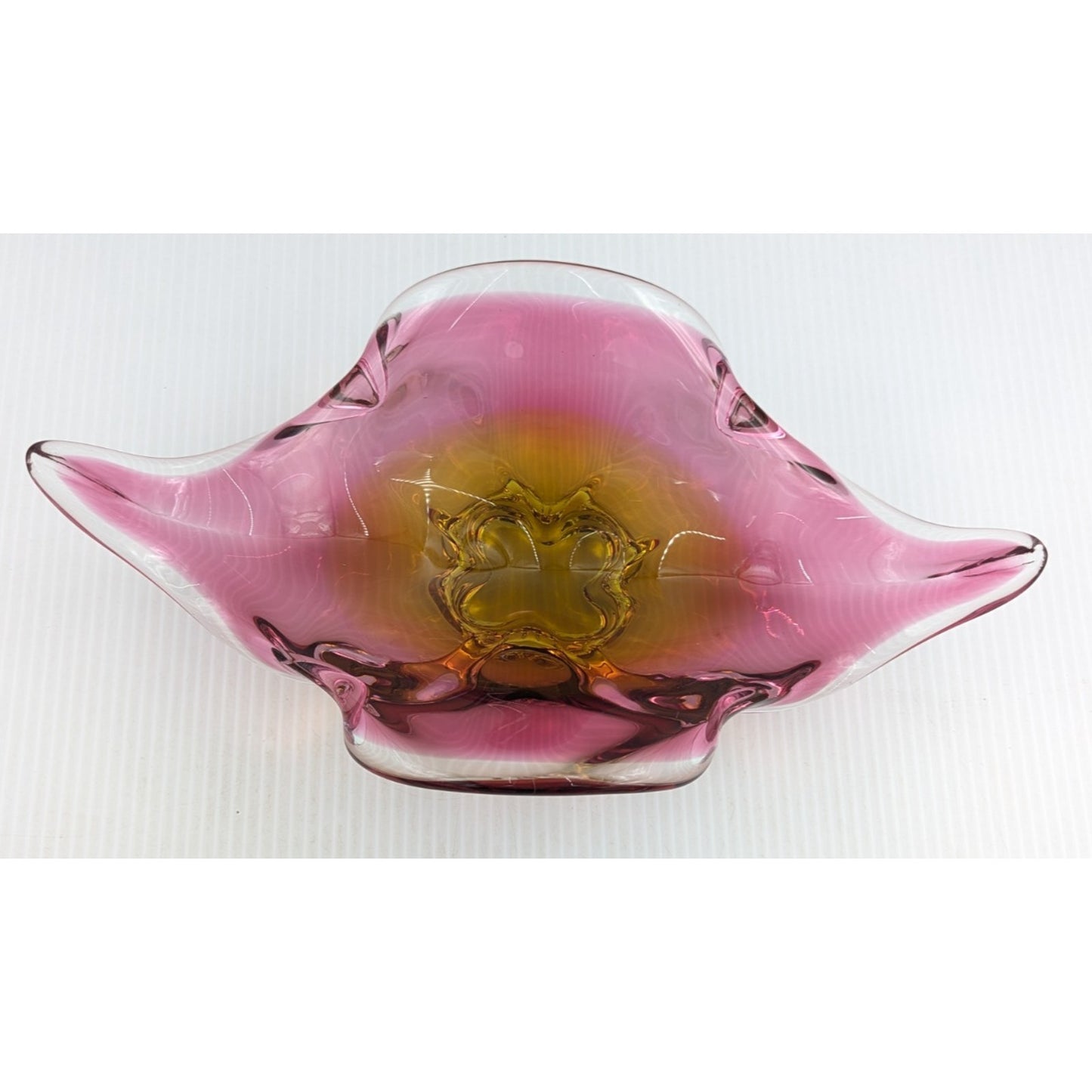Bohemian Czech Chribska Glassworks Glass Bowl Pink Orange Incased in Clear 12"
