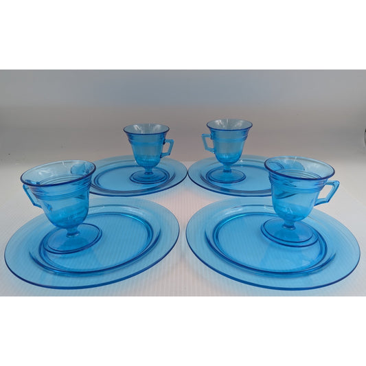 Fostoria Priscilla Blue Luncheon Set for 4 Plates Footed Custard Cups Bridge Set