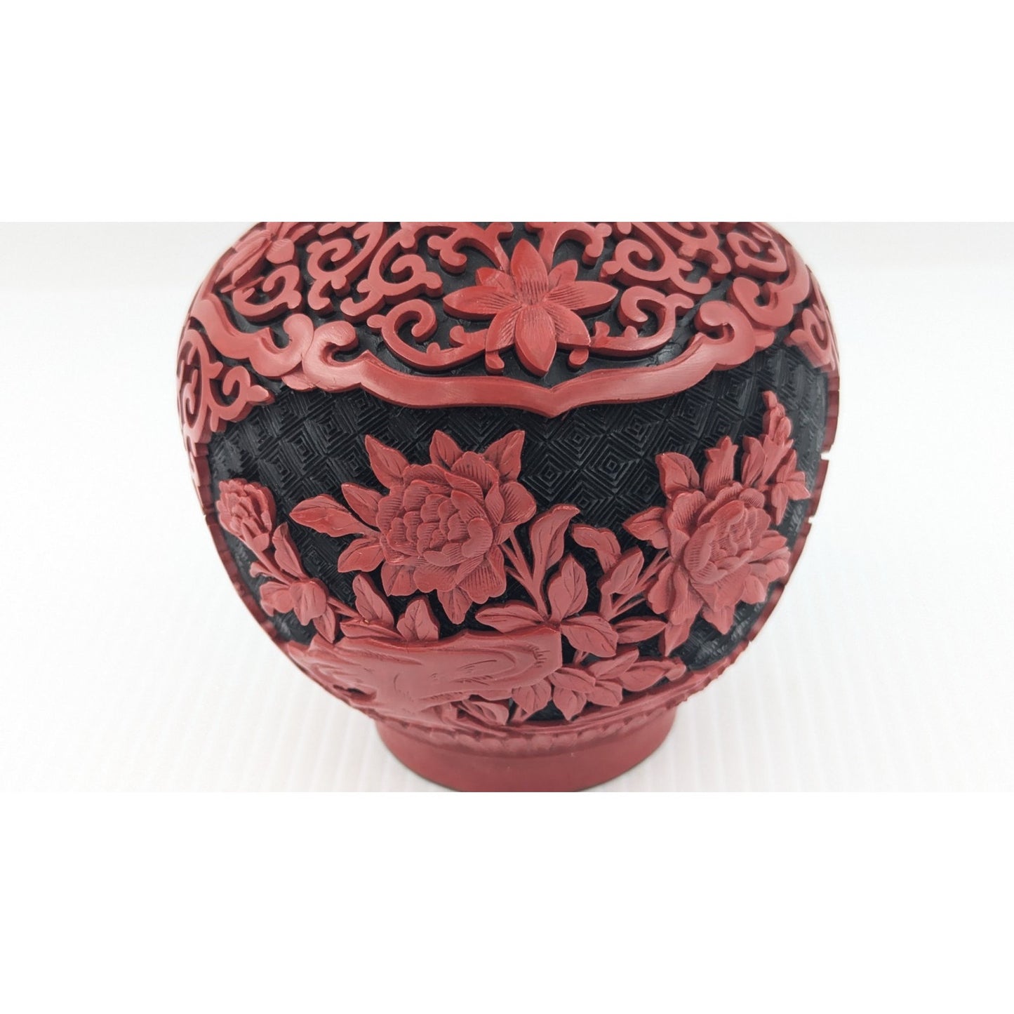 Vintage Chinese Cinnabar Lacquered Vase Red Black 8" Brass & Blue Enamel
