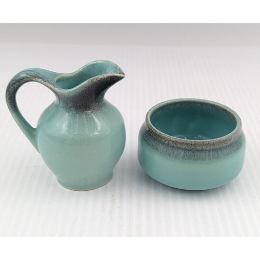 Vintage Gouda Pottery Holland Mini Pitcher Creamer Open Sugar Bowl Green Glaze