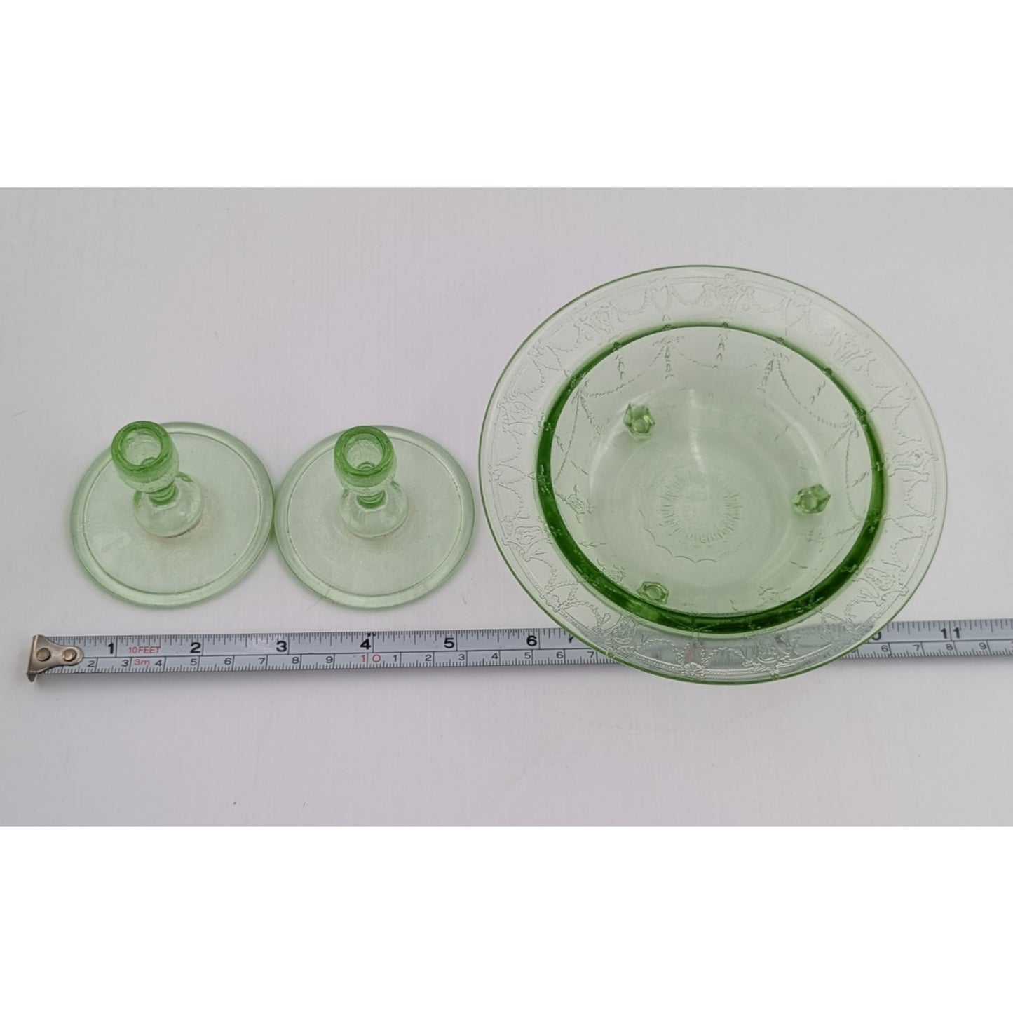 Vintage Mosser Green Glass Miniature Jennifer Set #6 - Bowl and Candlesticks