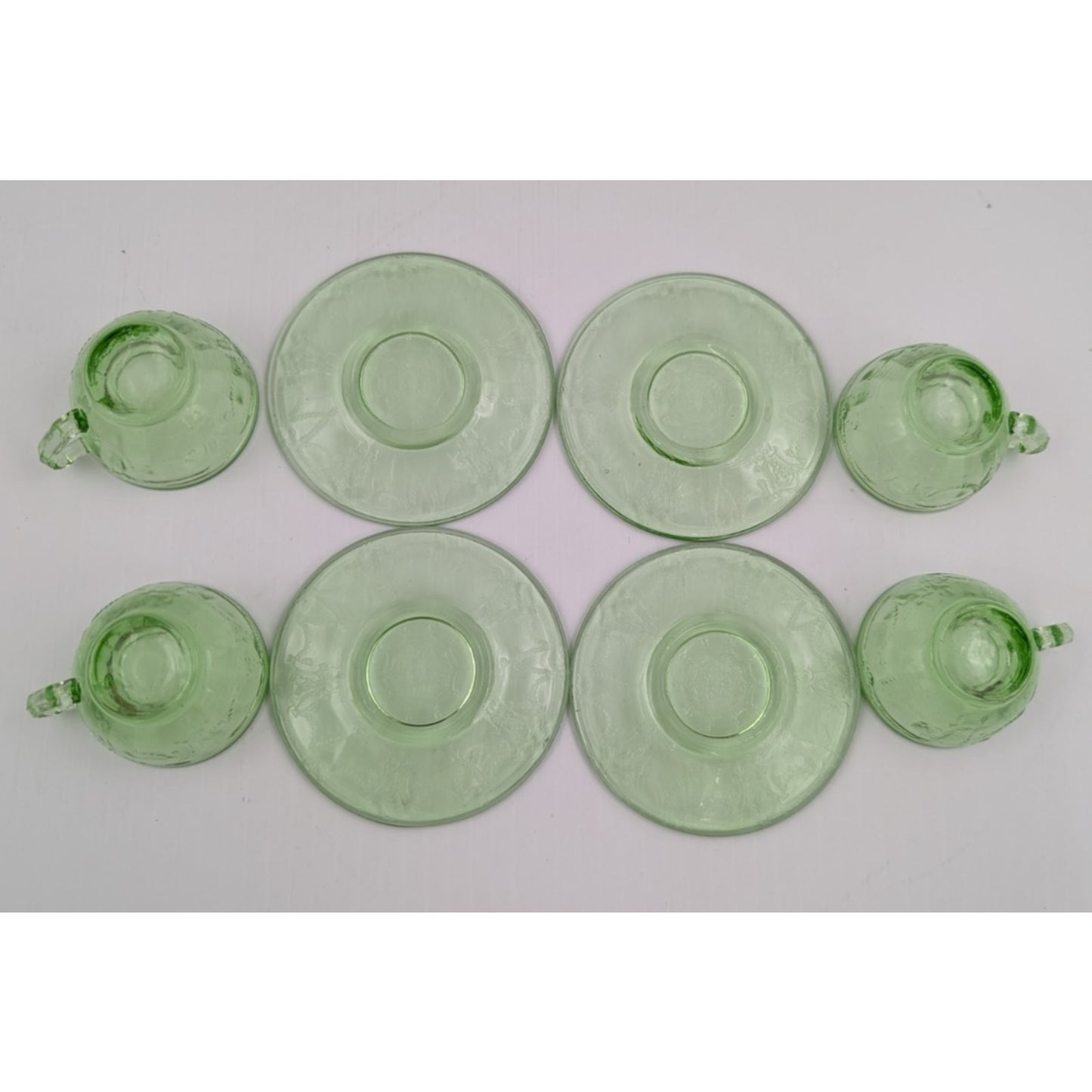 Vintage Mosser Green Glass Miniature Jennifer Set #2 - 4 Tea Cups & Saucers