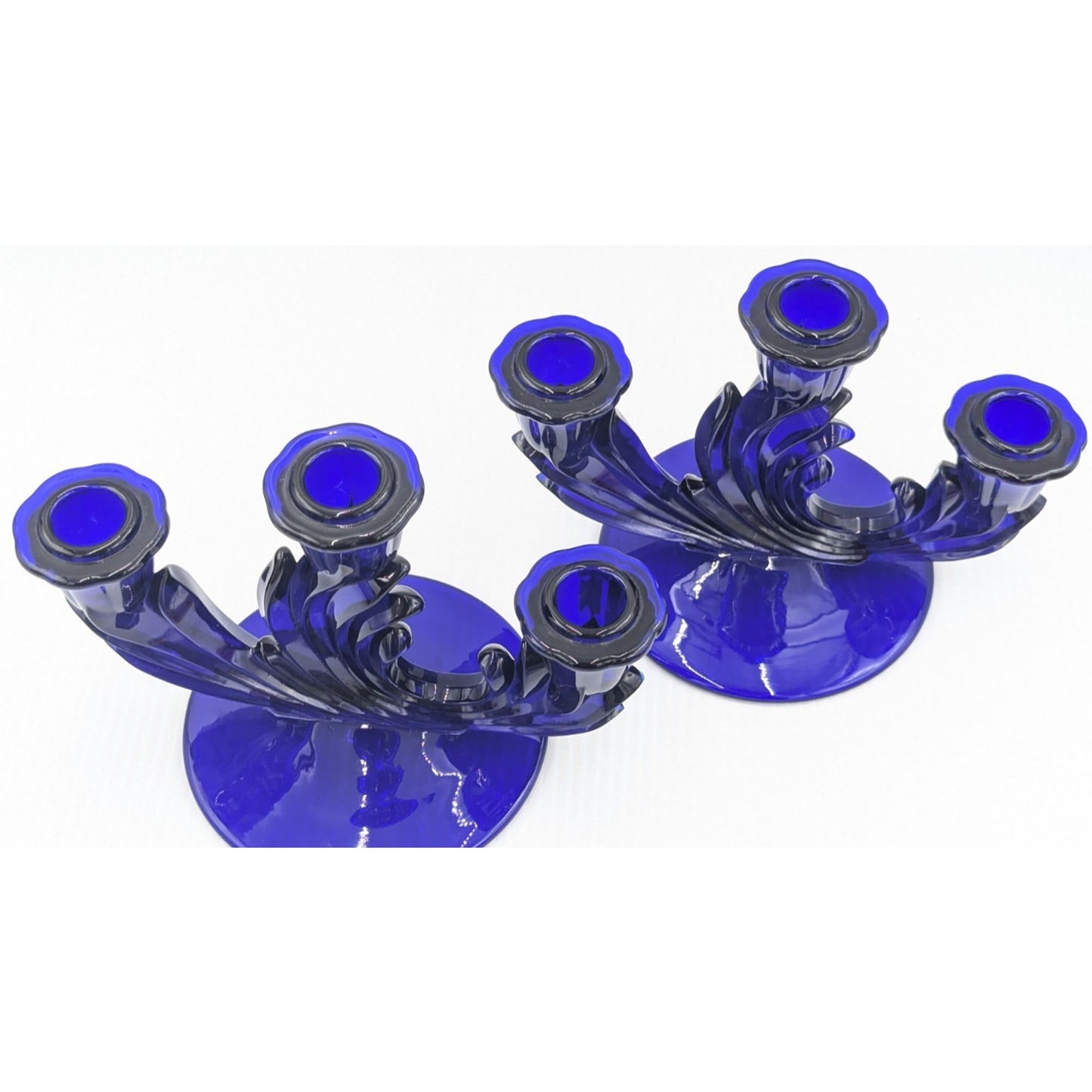 Fostoria Glass Baroque Regal Blue Cobalt 3 Light Candlestick Set of 2 Rare #2496
