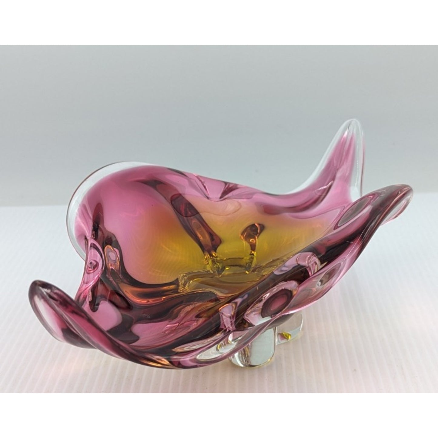 Bohemian Czech Chribska Glassworks Glass Bowl Pink Orange Incased in Clear 12"