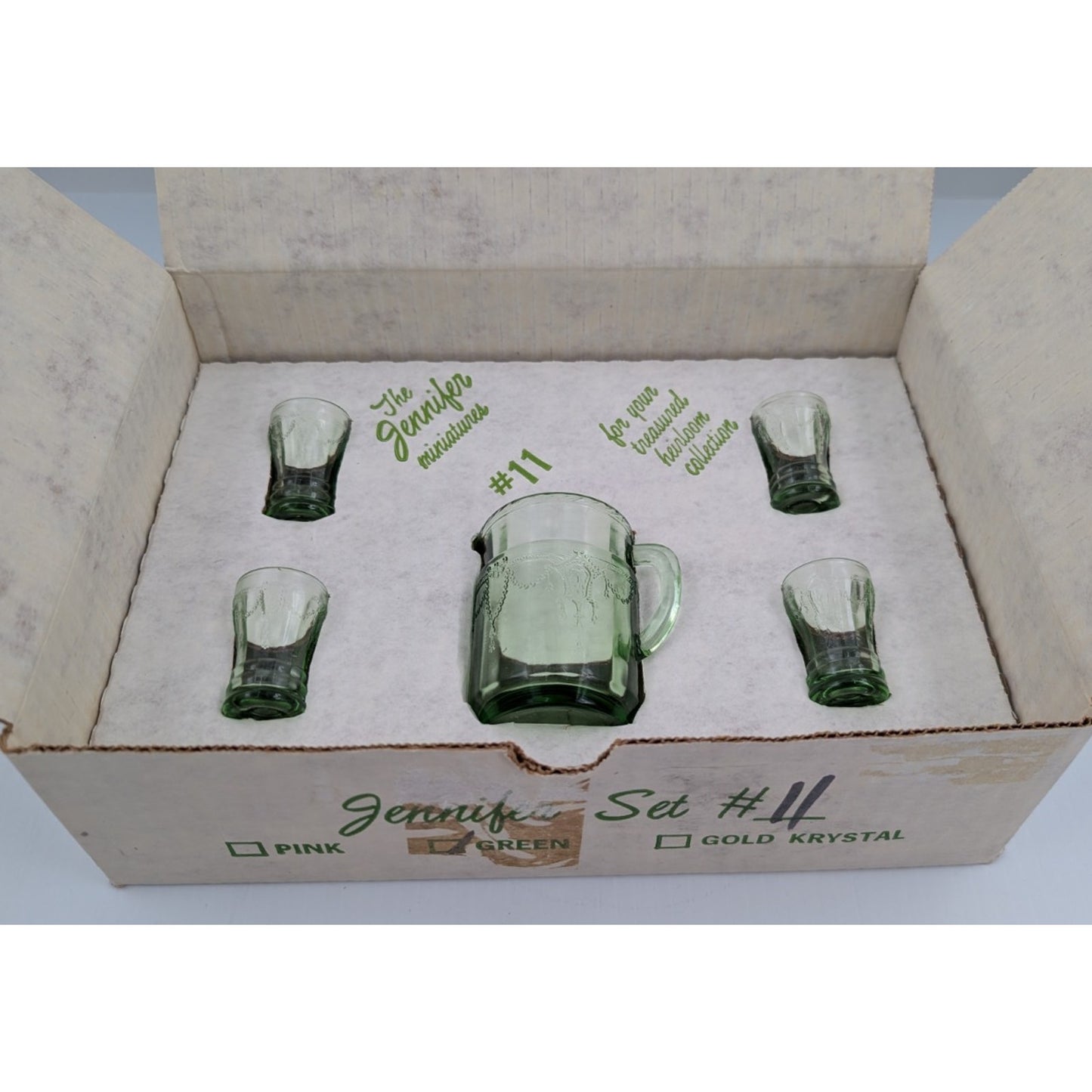 Vintage Mosser Green Glass Miniature Jennifer Set #11 - Pitcher and 4 Glasses