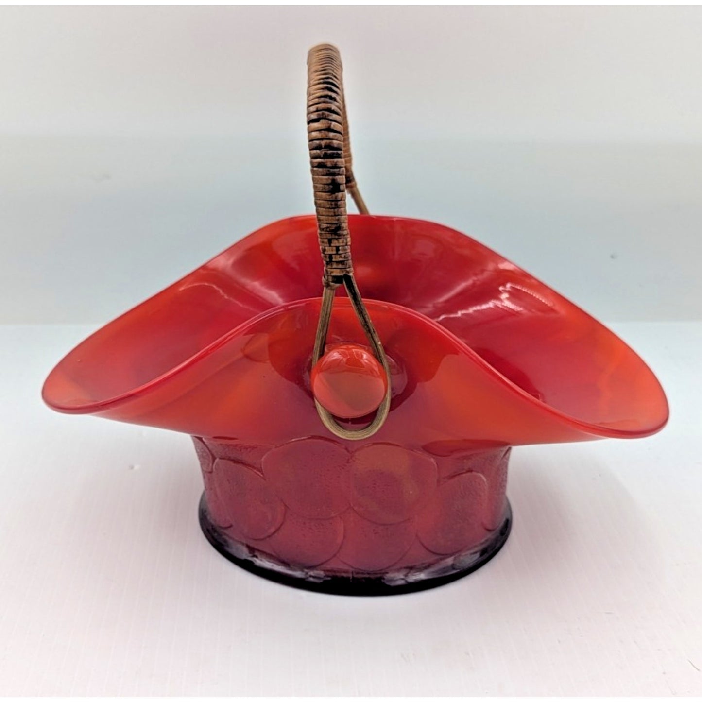Fenton Big Cookies Basket Mandarin Red Orange Slag Glass w/ Weaved Handle 1930's