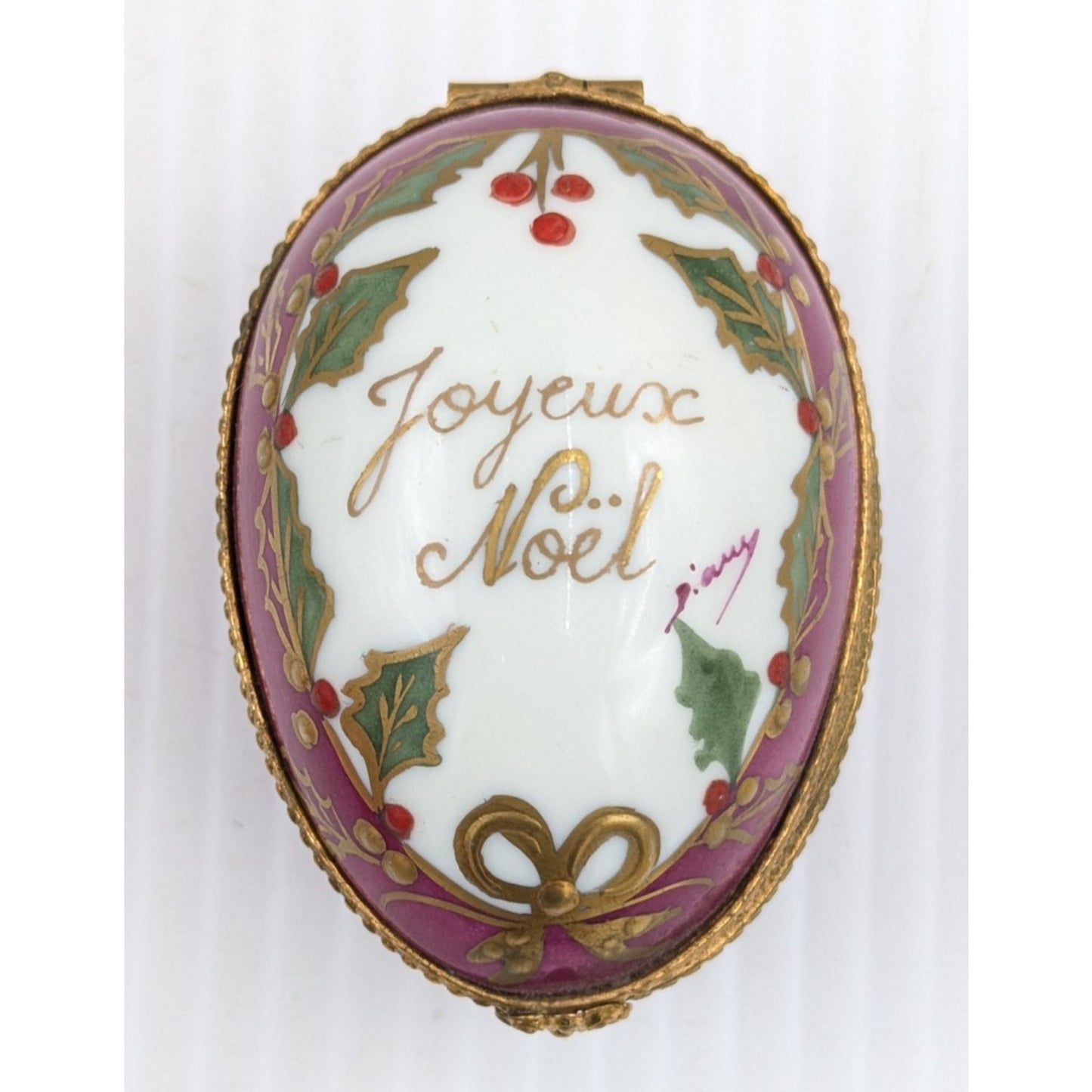Limoges Joyeux Noel Christmas Trinket Box Egg Hand Painted Holly France 2.5"