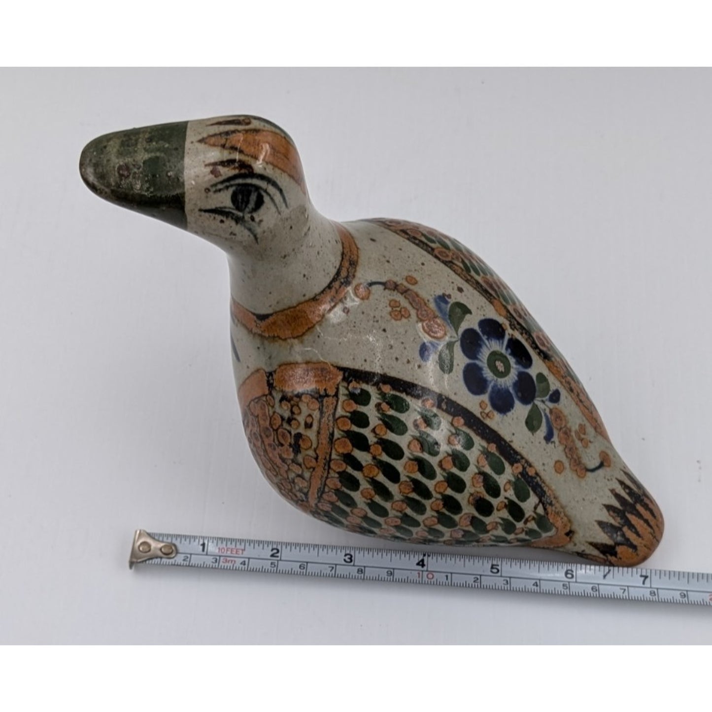 Vintage Tonala Mexico Pottery Bird Figurine Hand Painted Folk Art Signed 5-3/4"