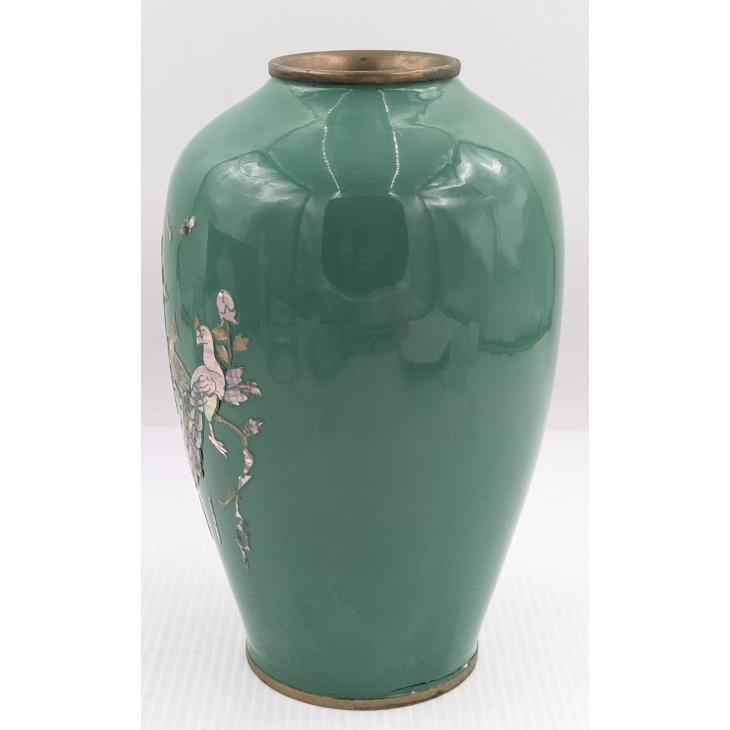 Green Enamel Brass Cloisonne Mother of Pearl Flower Bird Inlay Vase 10" Vintage