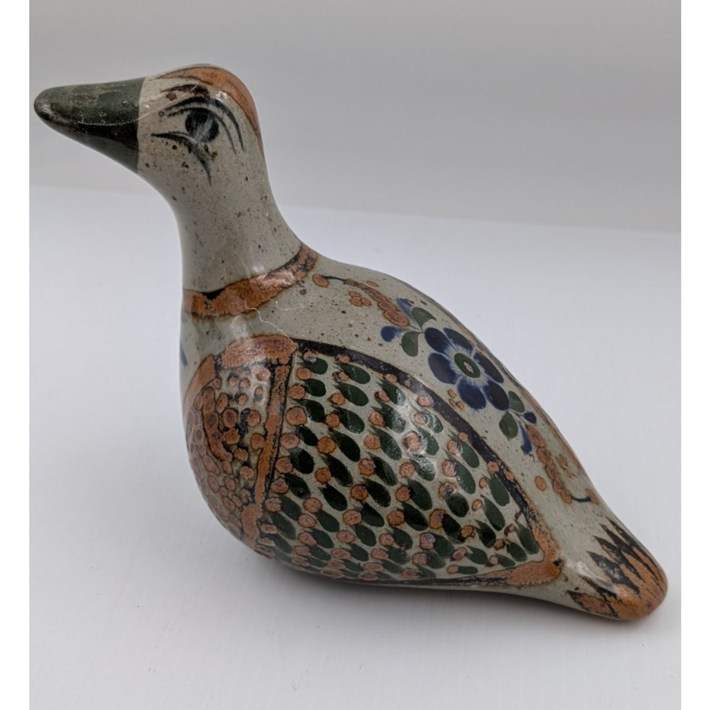 Vintage Tonala Mexico Pottery Bird Figurine Hand Painted Folk Art Signed 5-3/4"