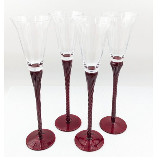 Ruby Red Twisted Stem Clear Fluted Champagne Glasses Set Of 4 Flutes 13” Tall