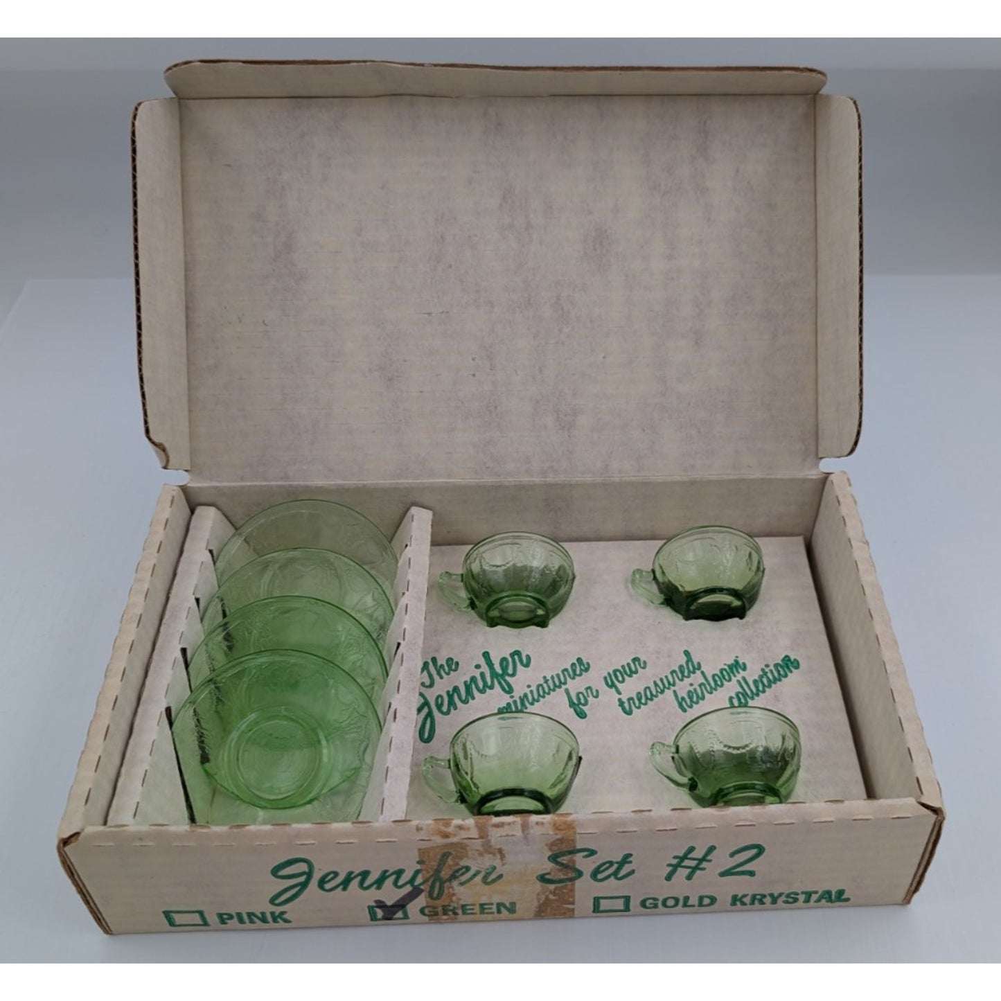Vintage Mosser Green Glass Miniature Jennifer Set #2 - 4 Tea Cups & Saucers