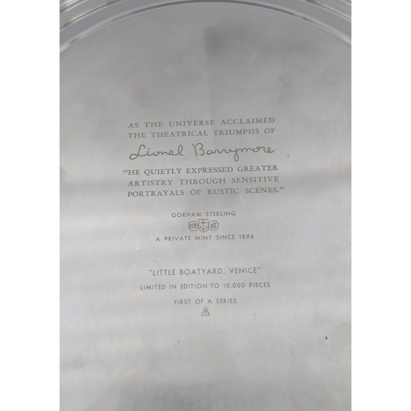Gorham Sterling Silver Plate Little Boatyard Venice by Lionel Barrymore LE 8"