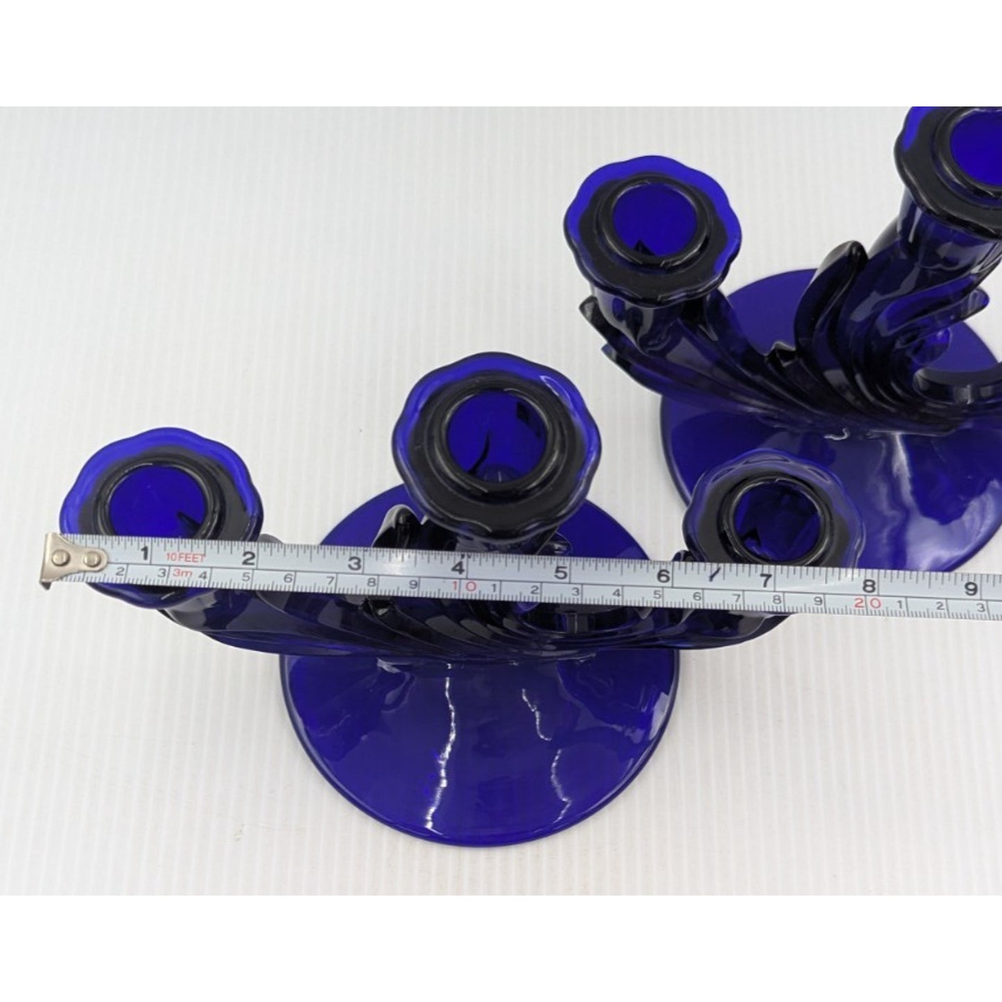 Fostoria Glass Baroque Regal Blue Cobalt 3 Light Candlestick Set of 2 Rare #2496