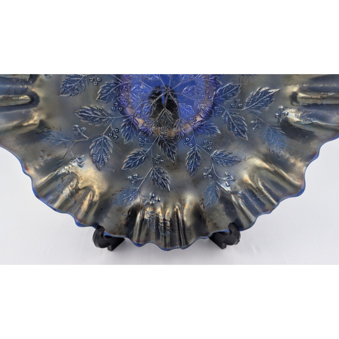 Fenton Carnival Glass Blue Holly Berries Bowl 9.5" Ruffled
