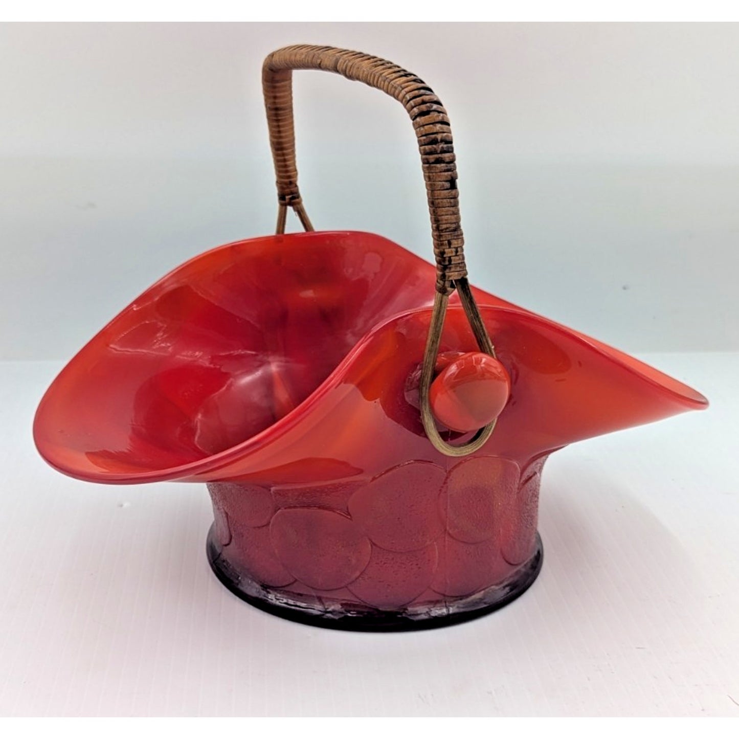 Fenton Big Cookies Basket Mandarin Red Orange Slag Glass w/ Weaved Handle 1930's