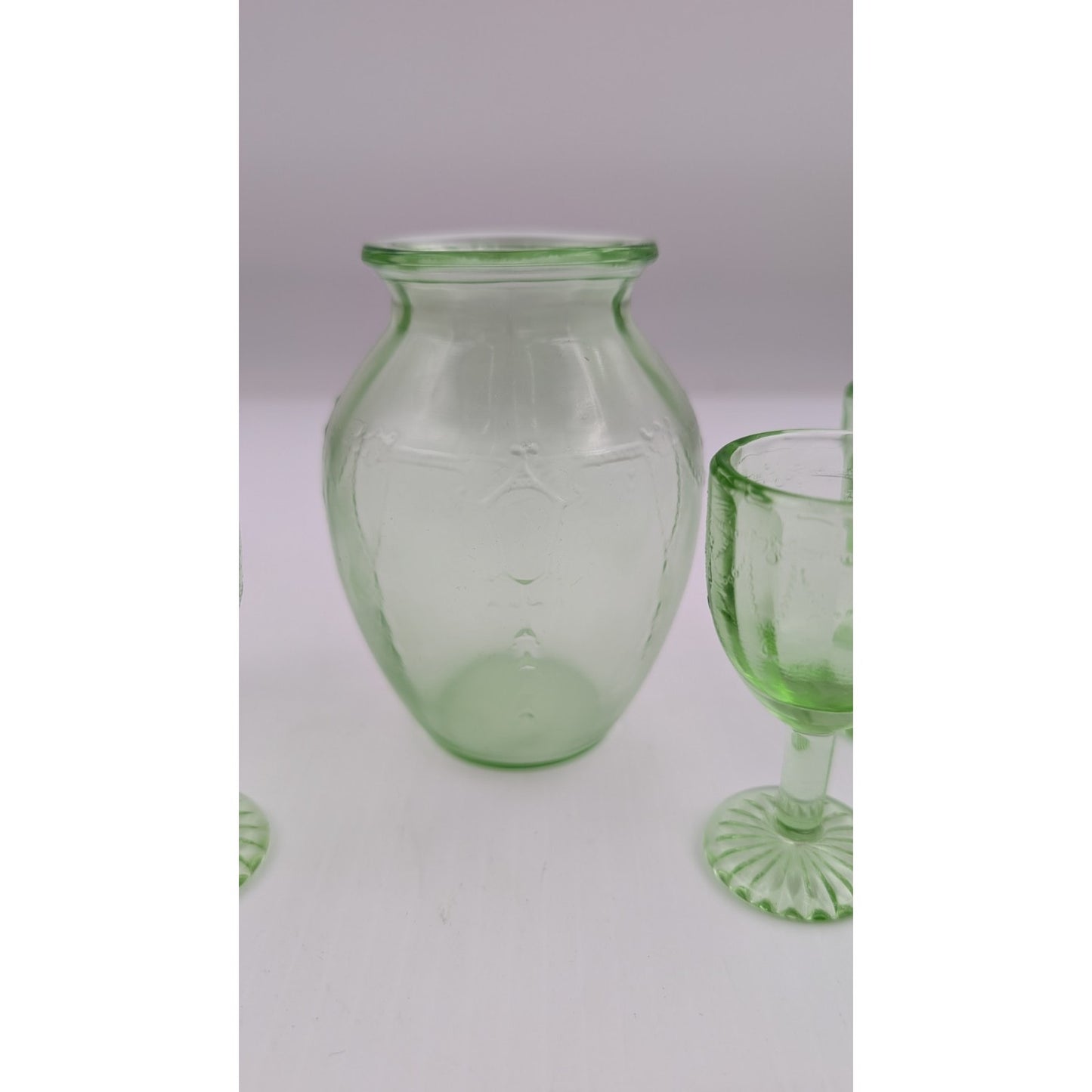 Vintage Mosser Green Glass Miniature Jennifer Set #8 - Vase and Stem Glasses