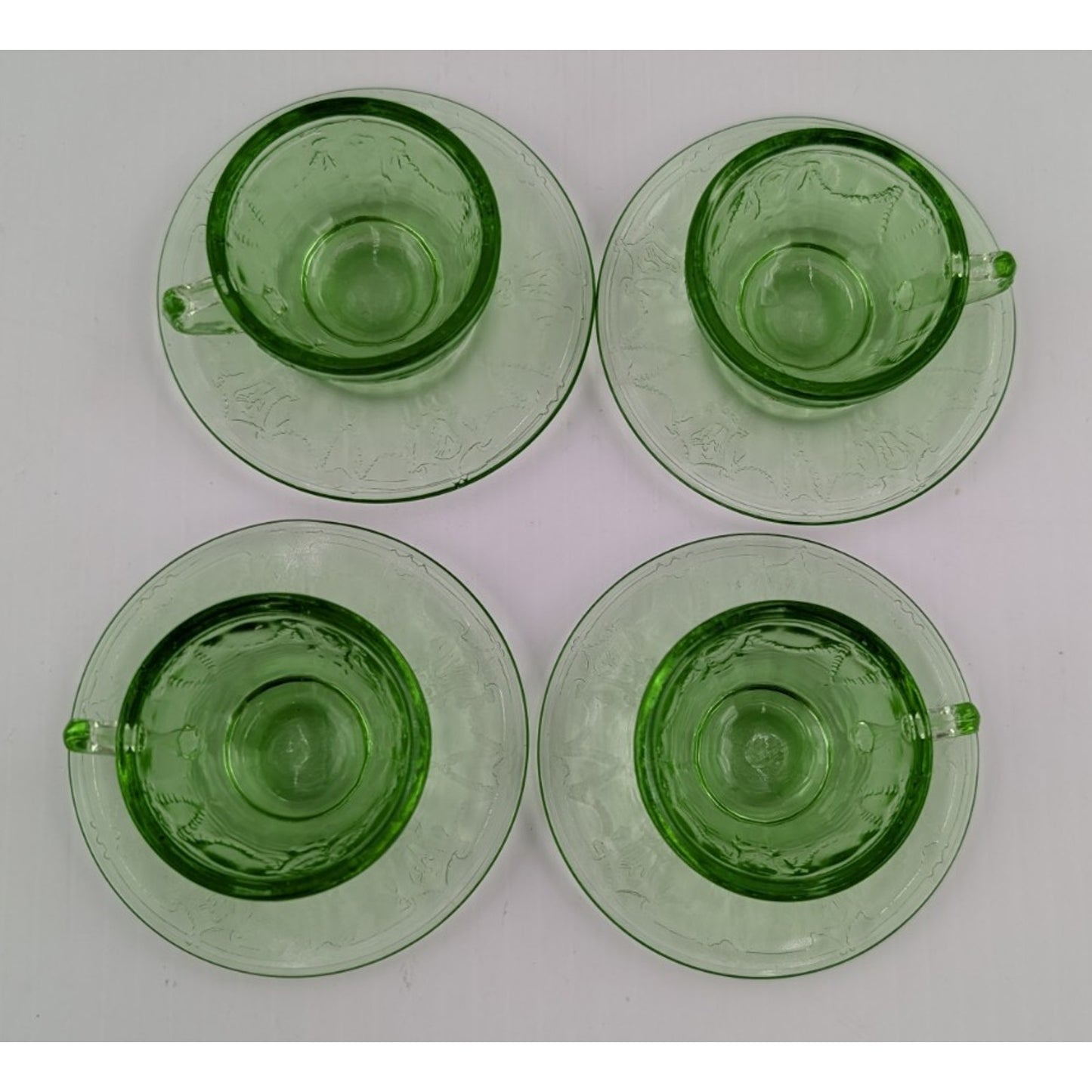 Vintage Mosser Green Glass Miniature Jennifer Set #2 - 4 Tea Cups & Saucers