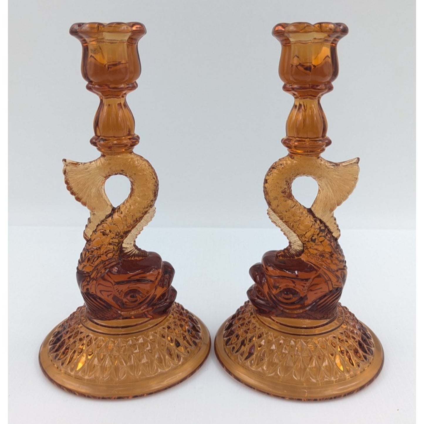 Pair Cambridge Glass Dolphin Candlesticks 9.5” Amber Glass #109 Vintage