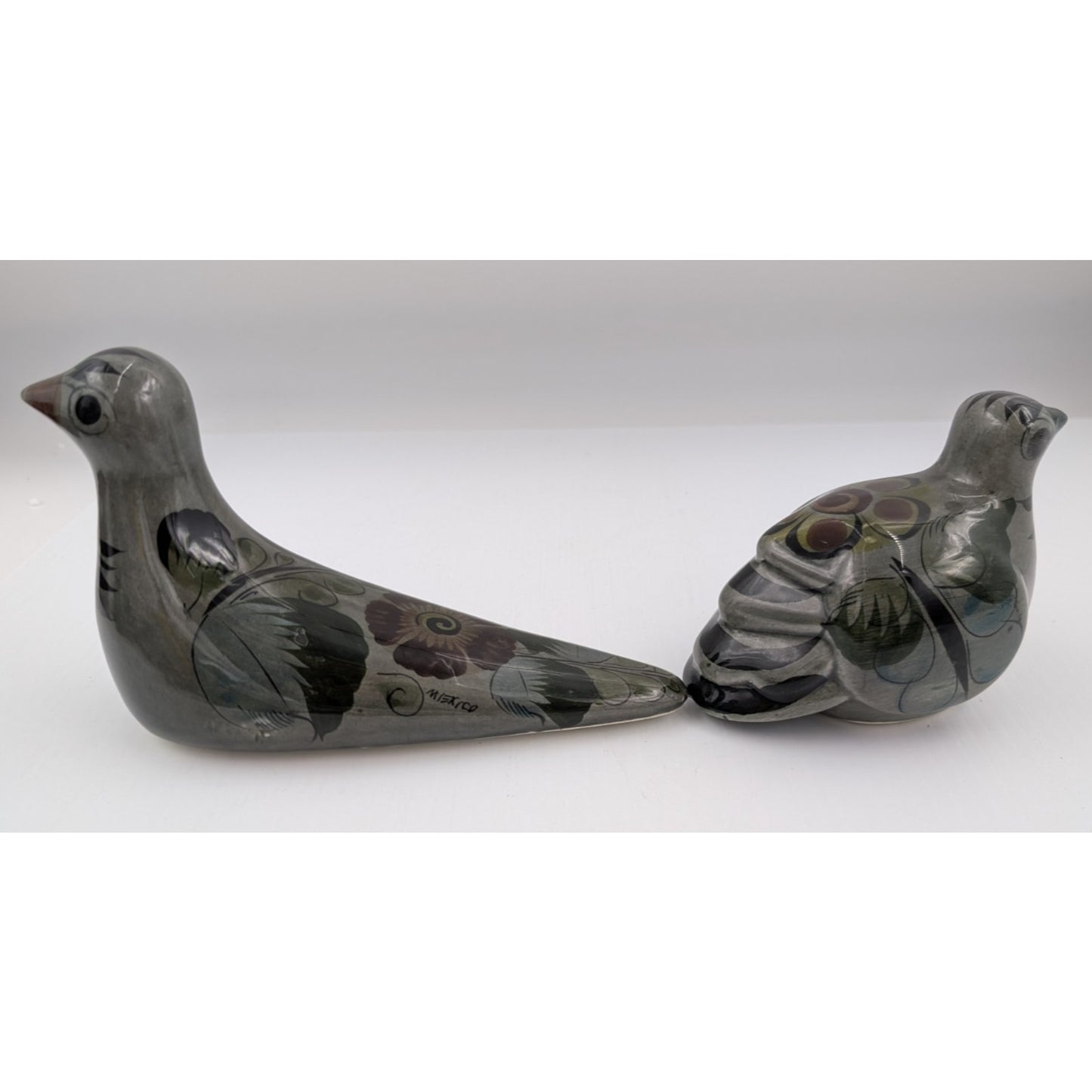 Vintage Mexican Pottery Bird Figurines Hand Painted Folk Art Birds Set of 2