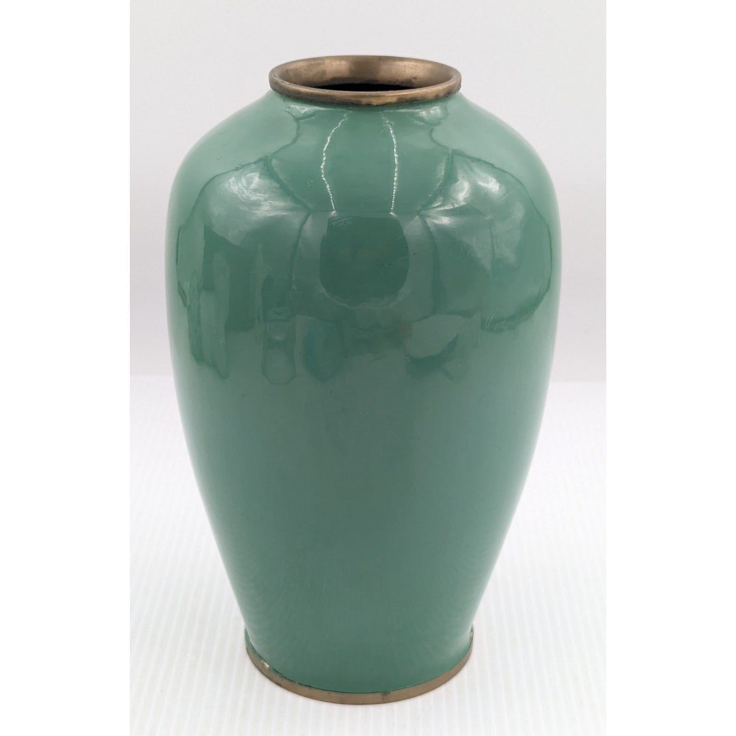 Green Enamel Brass Cloisonne Mother of Pearl Flower Bird Inlay Vase 10" Vintage