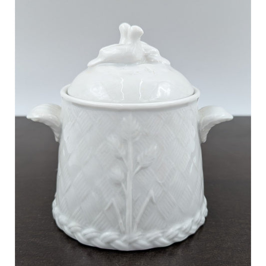 Royal Worcester Gourmet Oven China Embossed White Sugar Bowl w Lid Birds England