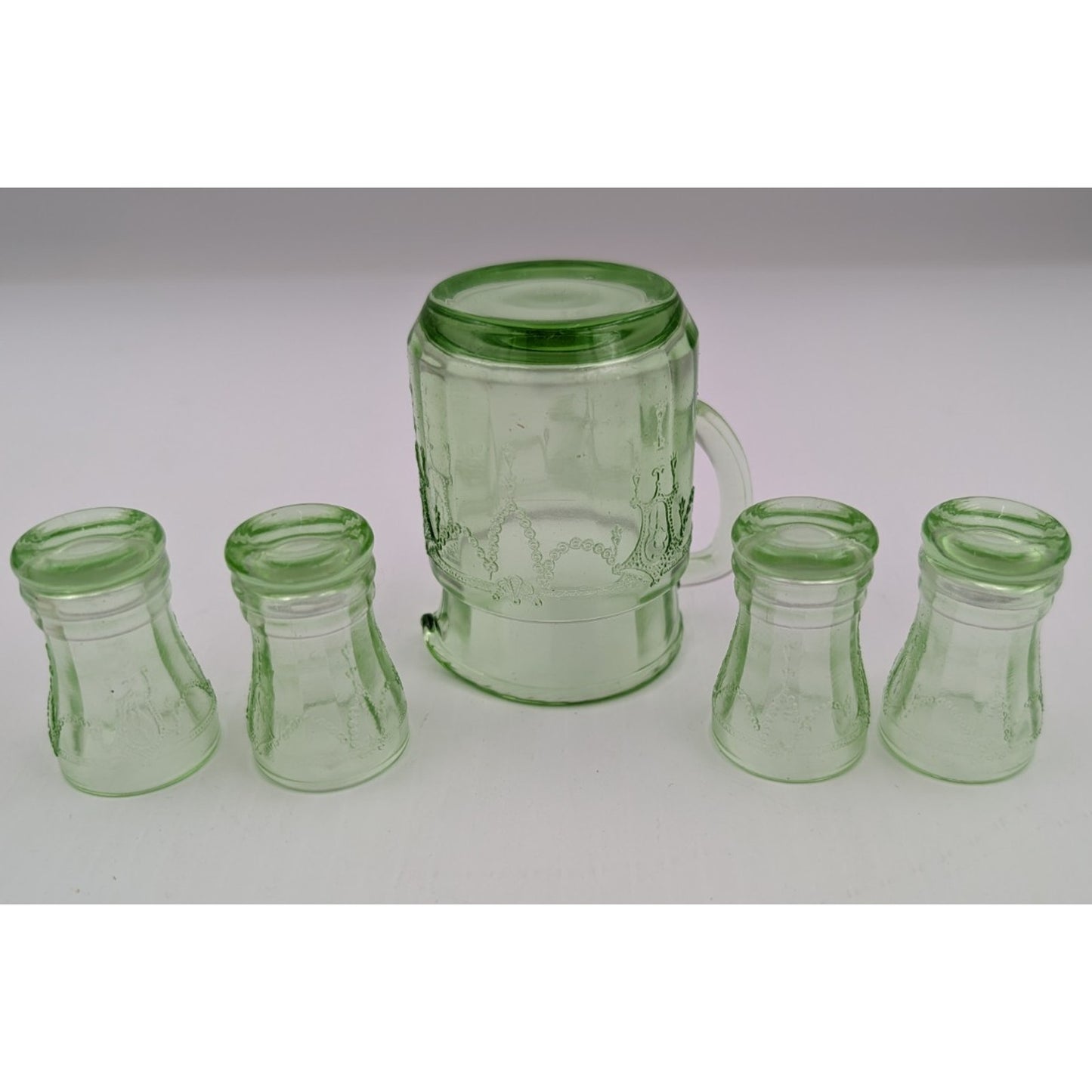 Vintage Mosser Green Glass Miniature Jennifer Set #11 - Pitcher and 4 Glasses