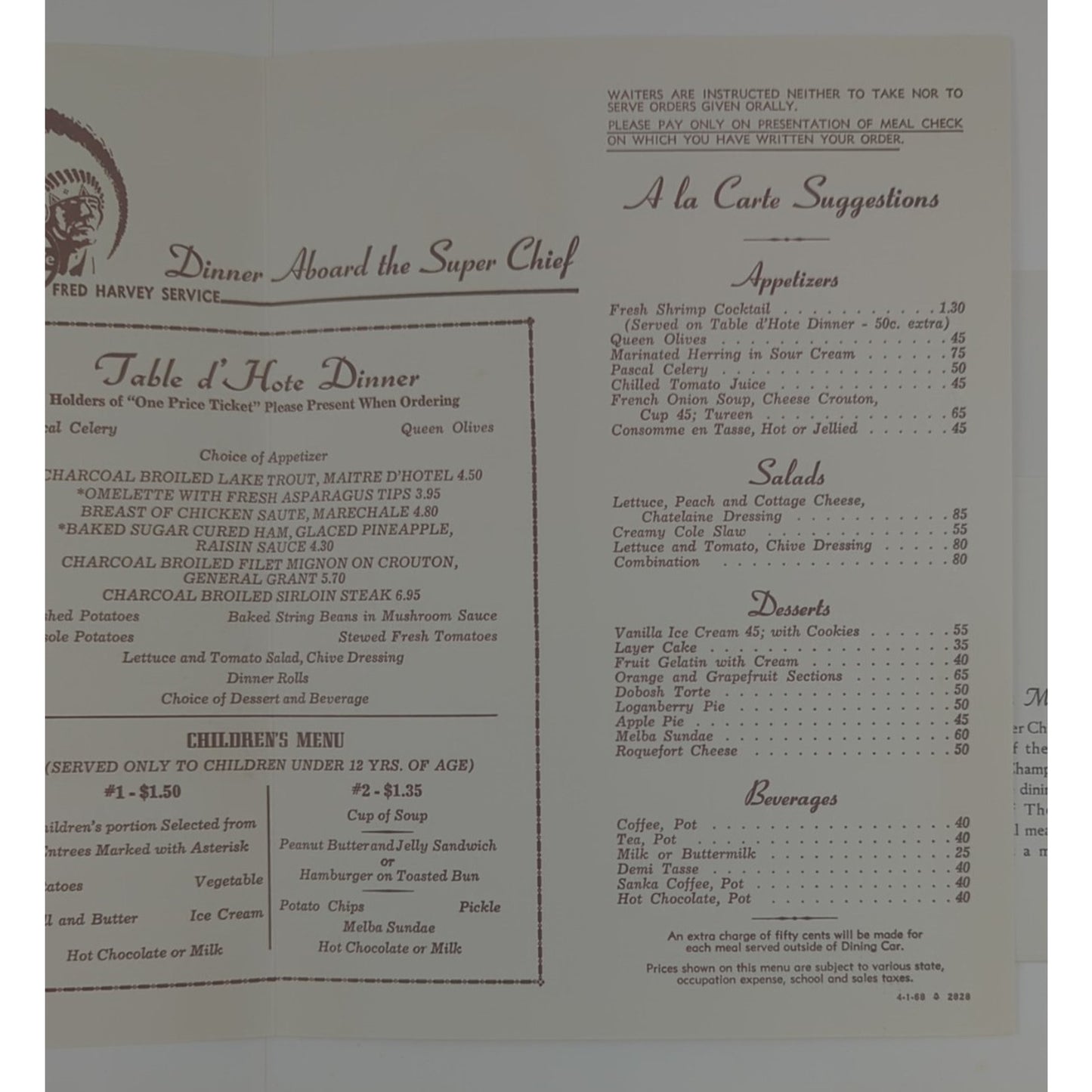 Santa Fe Railroad Super Chief Turquoise Room Menu Large 14" x 11"