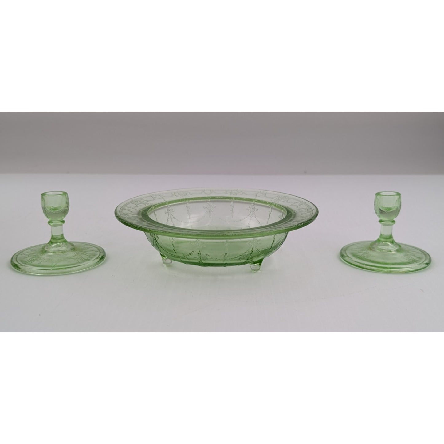 Vintage Mosser Green Glass Miniature Jennifer Set #6 - Bowl and Candlesticks