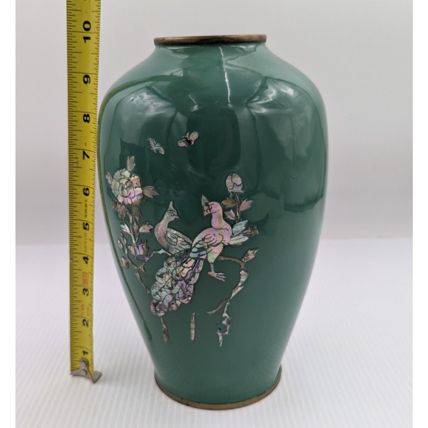 Green Enamel Brass Cloisonne Mother of Pearl Flower Bird Inlay Vase 10" Vintage