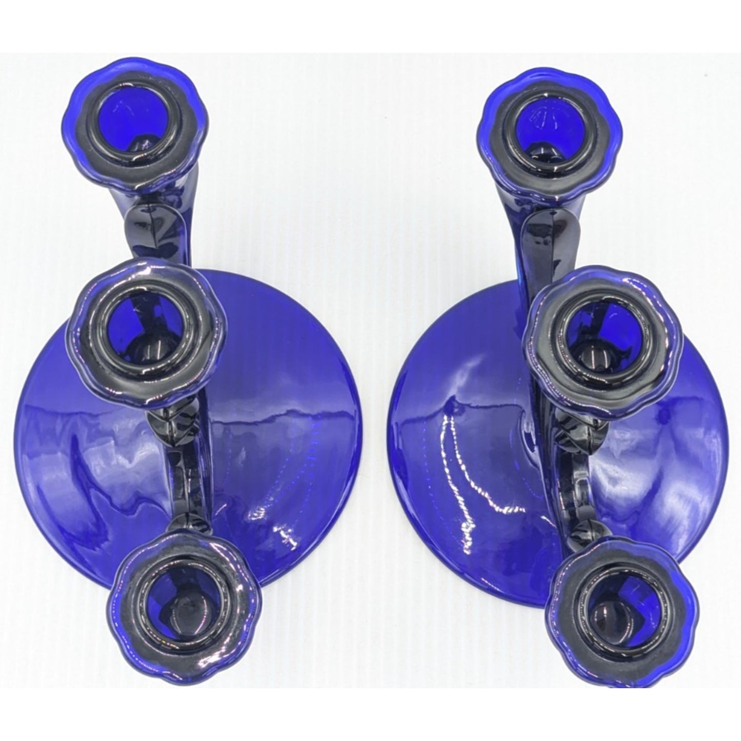 Fostoria Glass Baroque Regal Blue Cobalt 3 Light Candlestick Set of 2 Rare #2496