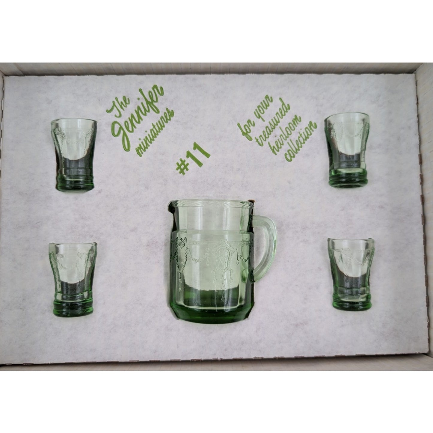 Vintage Mosser Green Glass Miniature Jennifer Set #11 - Pitcher and 4 Glasses