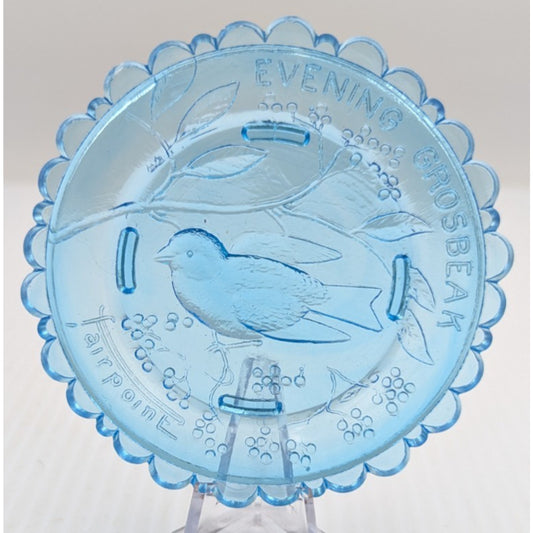 Evening Grosbeak Bird Glass Window Decor Pairpoint Cup Plate Blue Vintage 3.5"