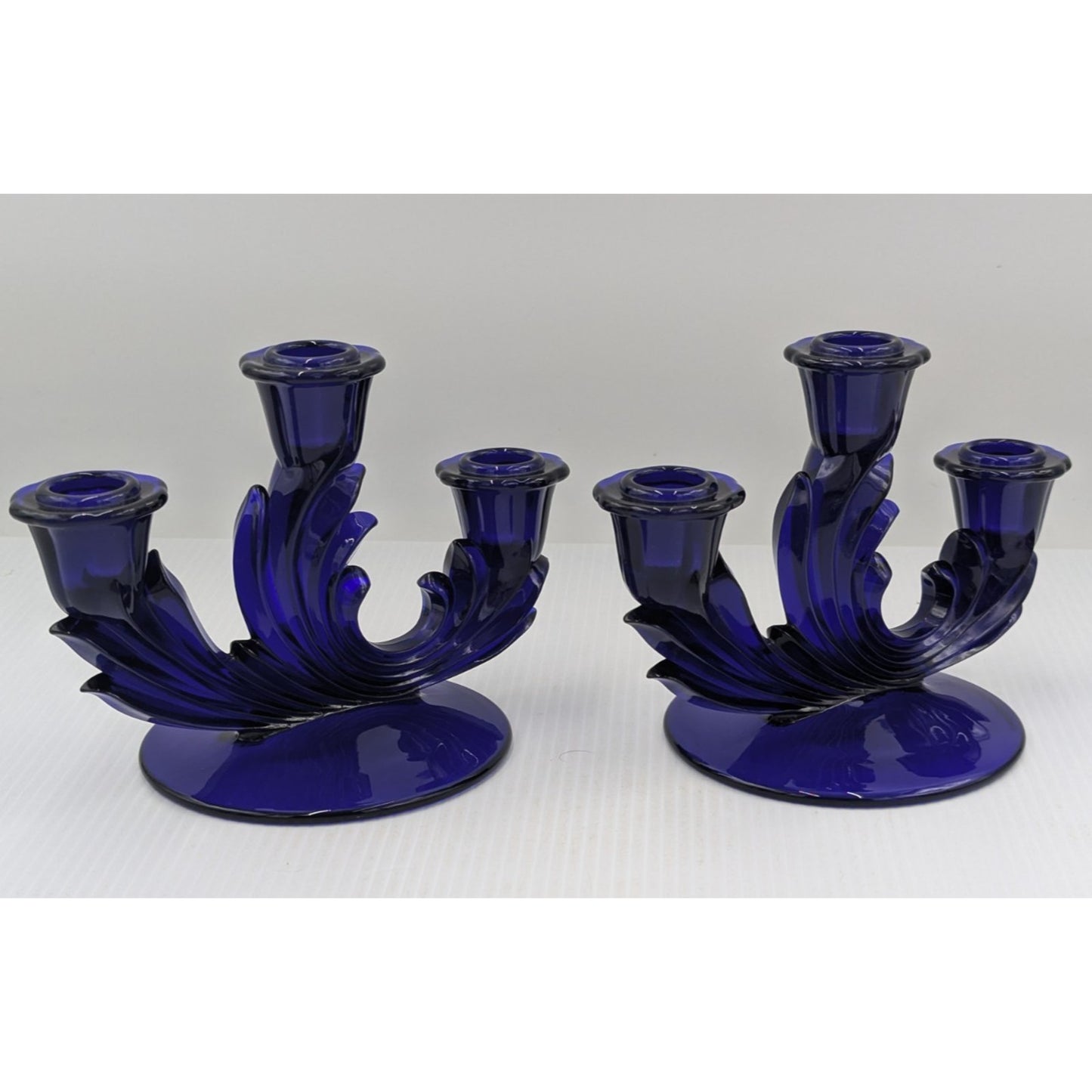 Fostoria Glass Baroque Regal Blue Cobalt 3 Light Candlestick Set of 2 Rare #2496
