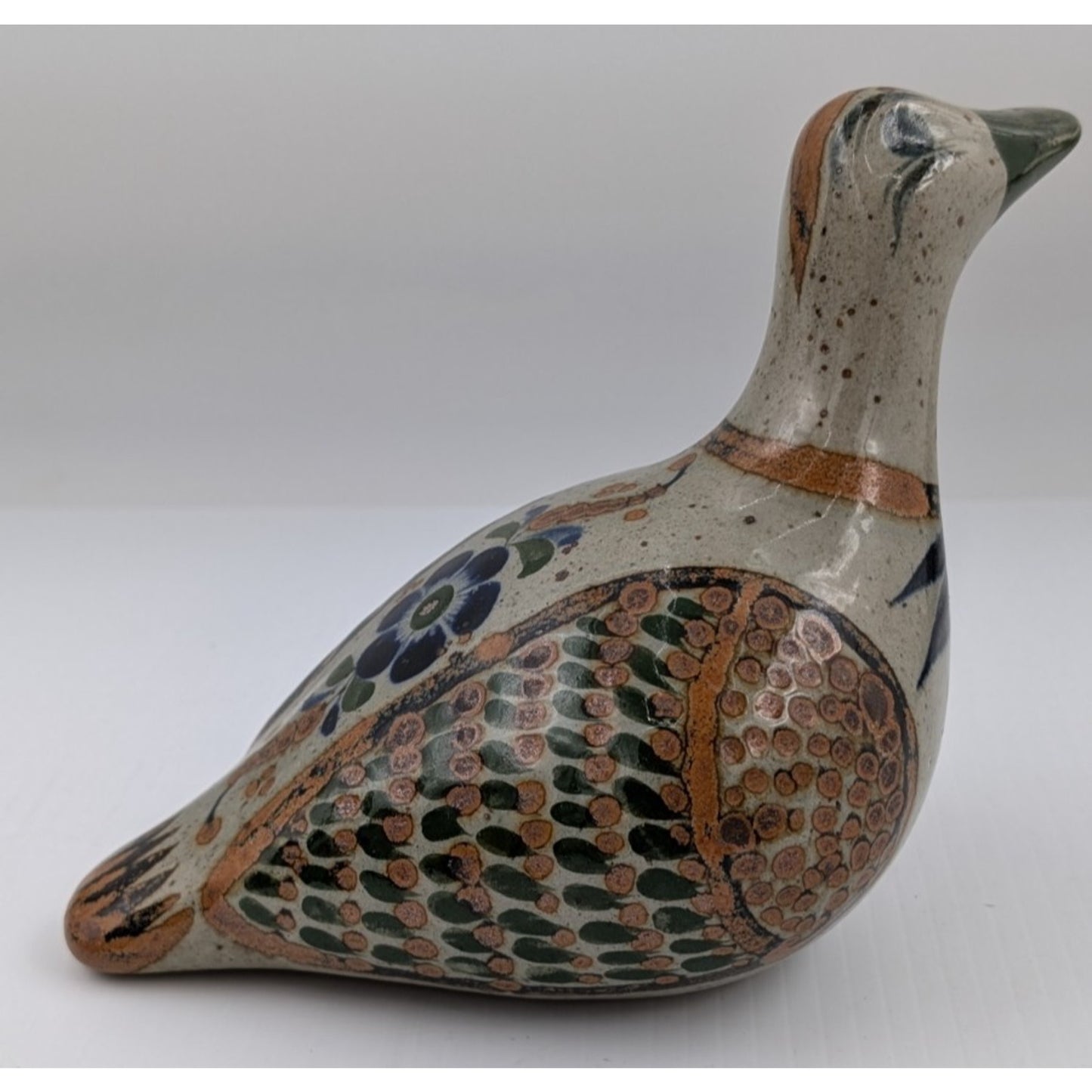 Vintage Tonala Mexico Pottery Bird Figurine Hand Painted Folk Art Signed 5-3/4"