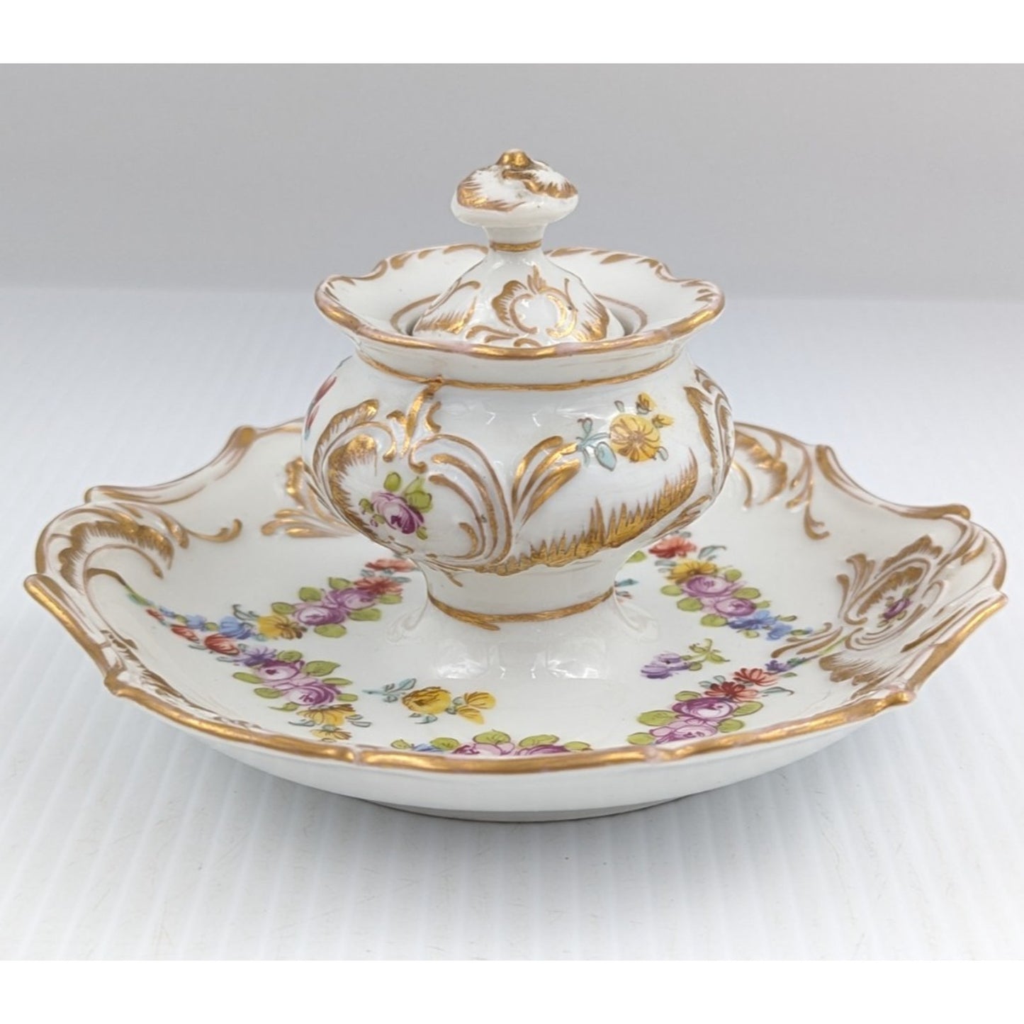 Hand Painted Porcelain Inkwell Floral Gilded With Lid Dresden (?)