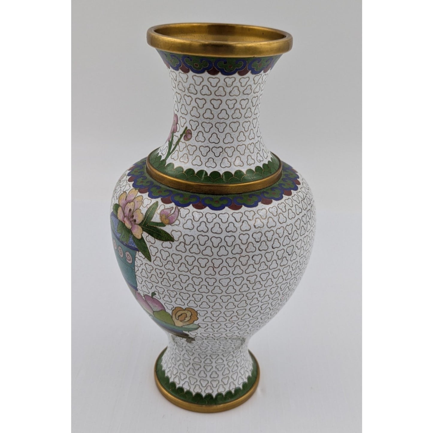 Vintage Cloisonne Flower Floral Enamel Brass Vase 9.5"