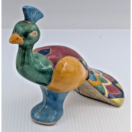 Mosaic Pottery Peacock Raku South Africa Signed Colorful 6.75" H