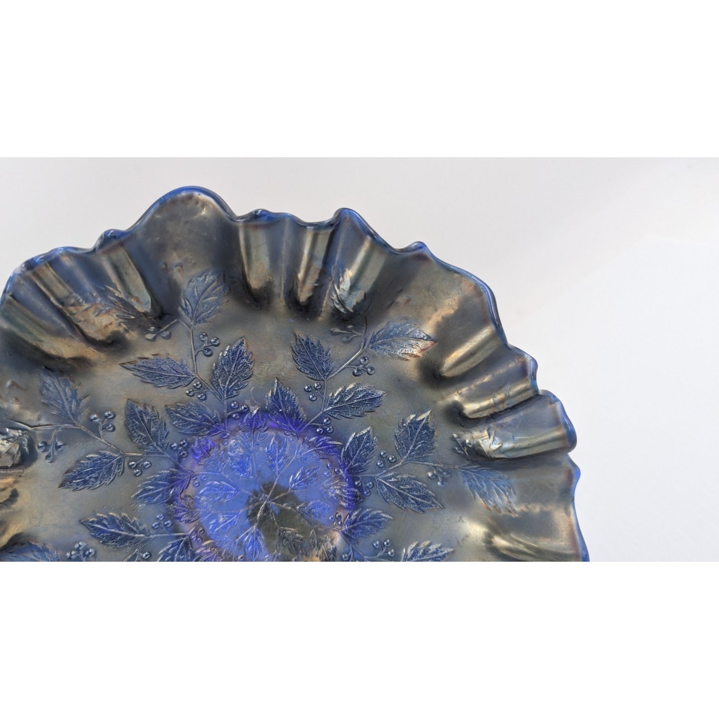 Fenton Carnival Glass Blue Holly Berries Bowl 9.5" Ruffled
