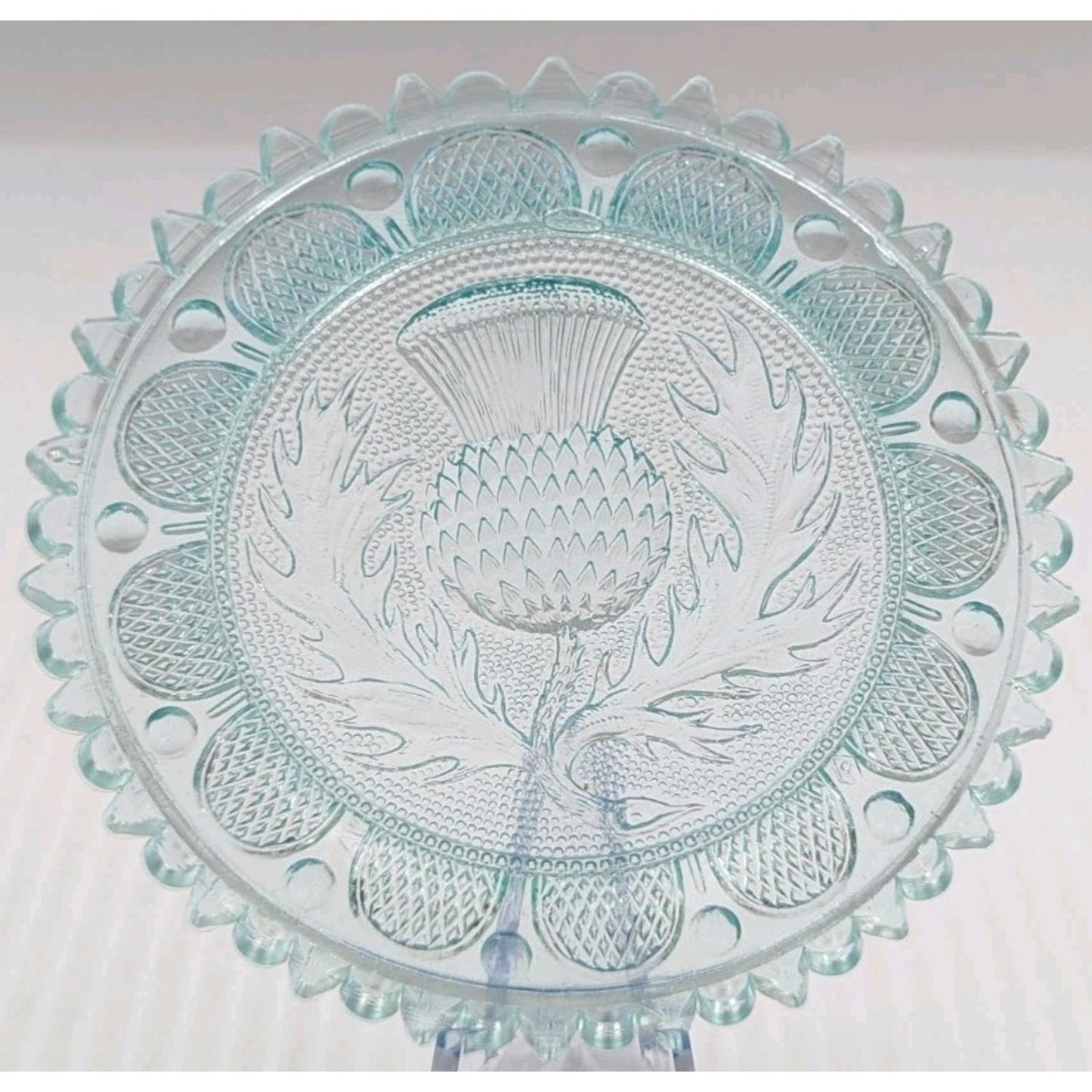 Scottish Thistle Flower Art Glass Window Decor Pairpoint Cup Plate Light Green