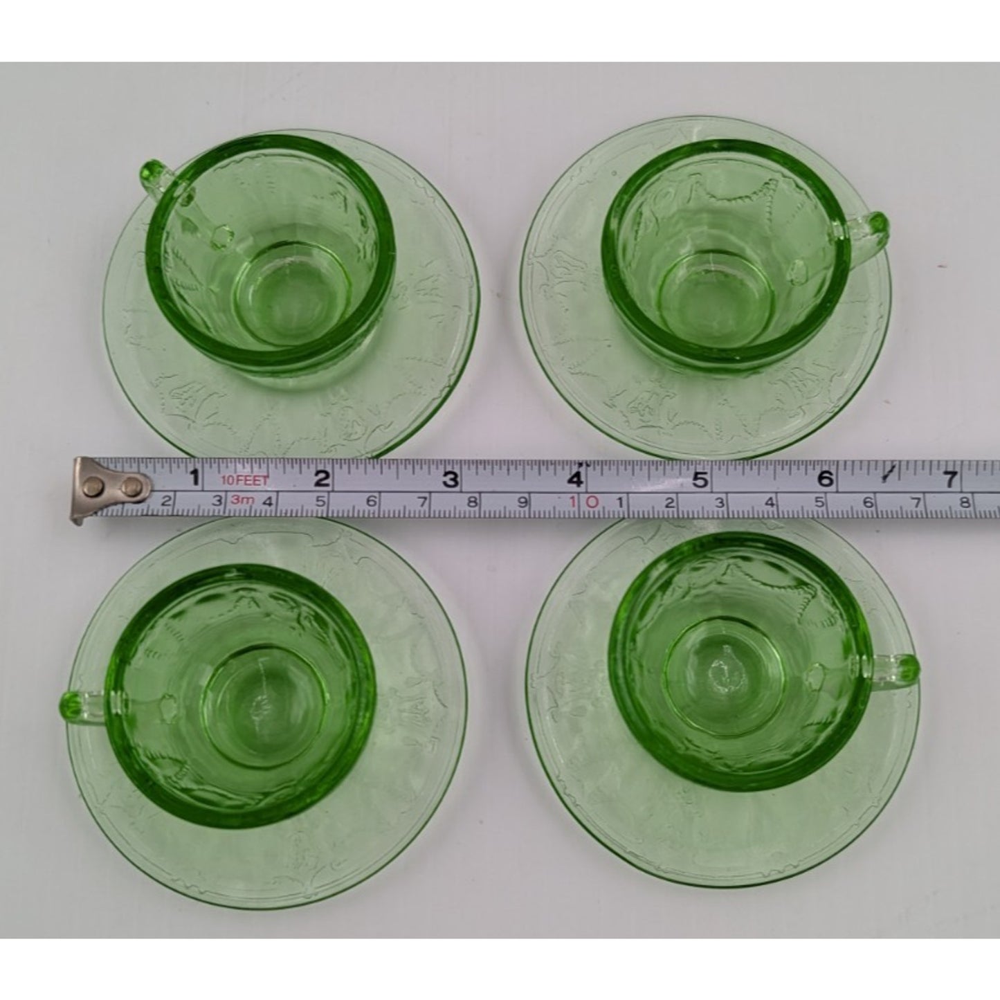 Vintage Mosser Green Glass Miniature Jennifer Set #2 - 4 Tea Cups & Saucers