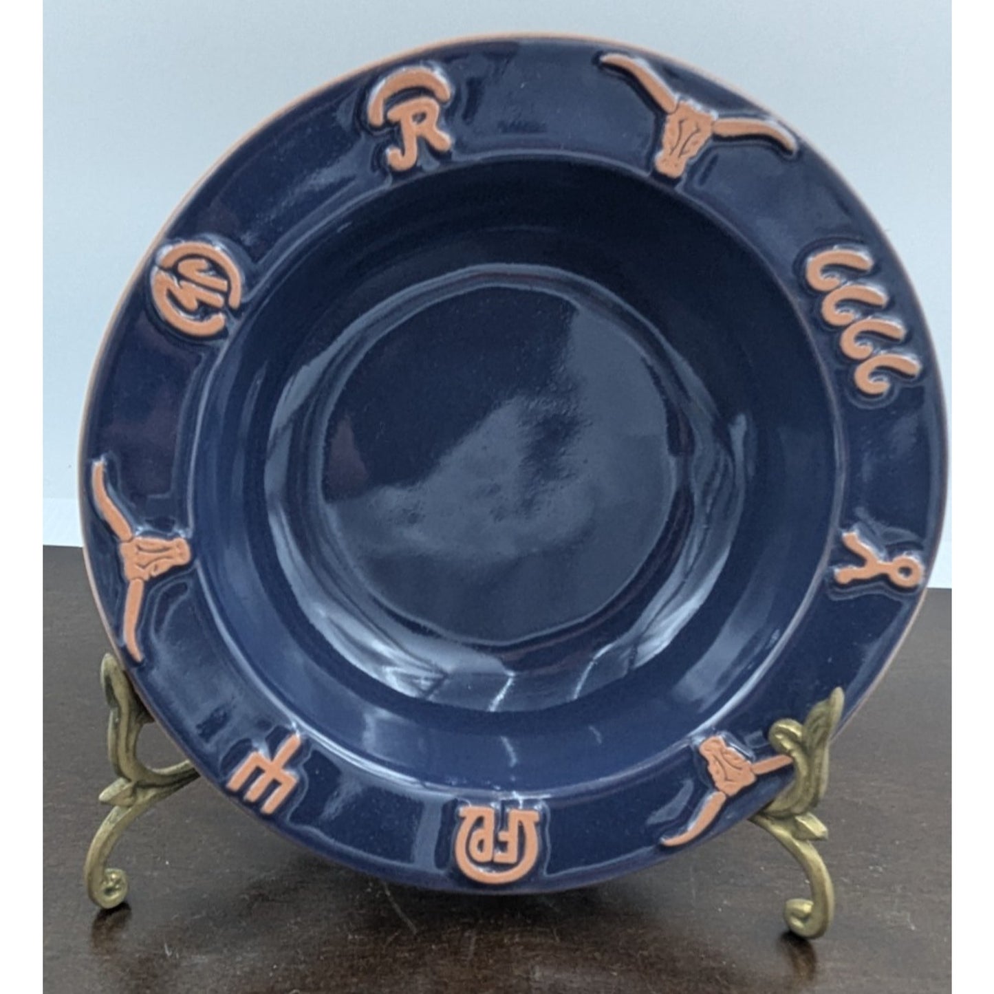 Frankoma Pottery Ranch Navy Blue Rim Soup Bowl set of 4 Cattle Brands 7-3/4"