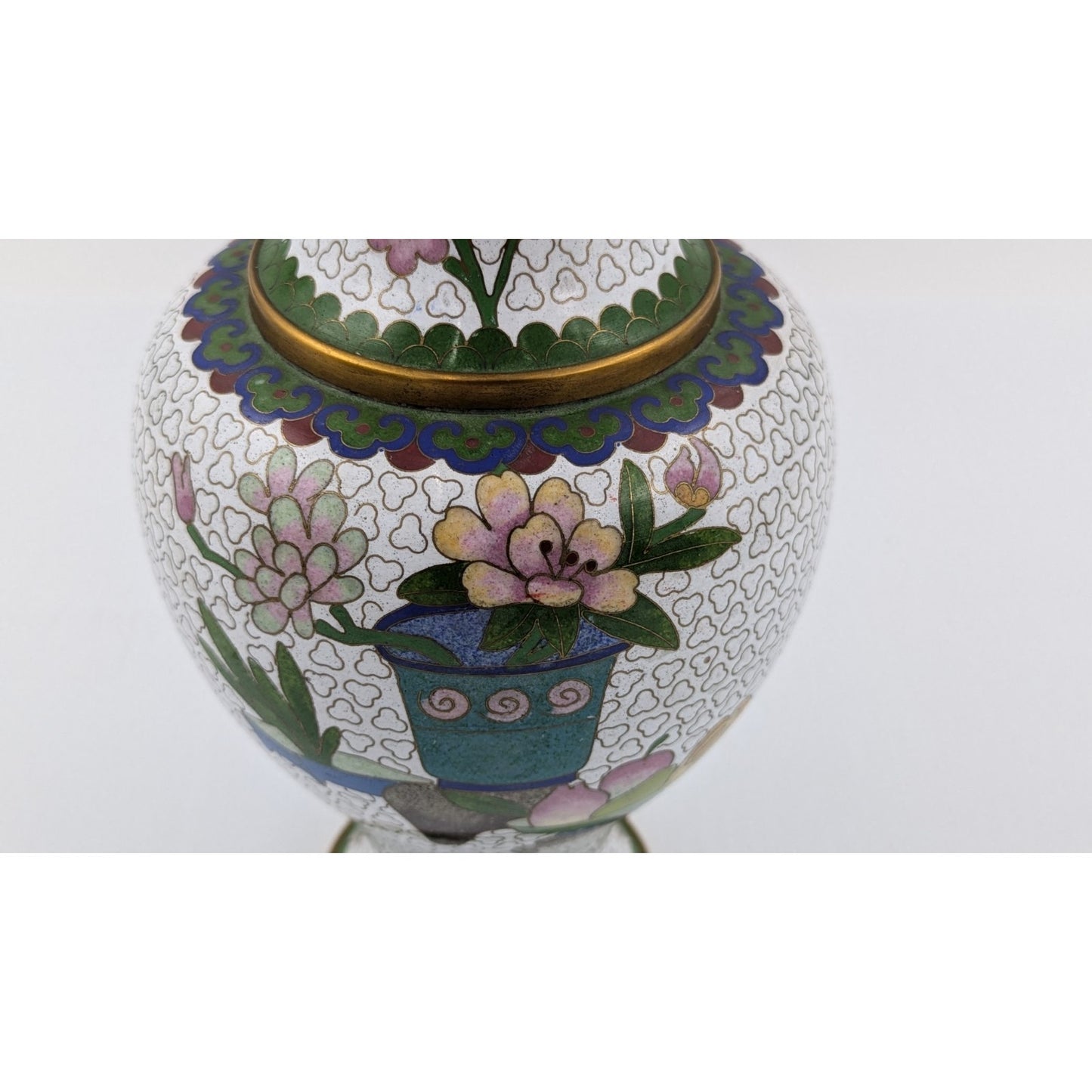 Vintage Cloisonne Flower Floral Enamel Brass Vase 9.5"