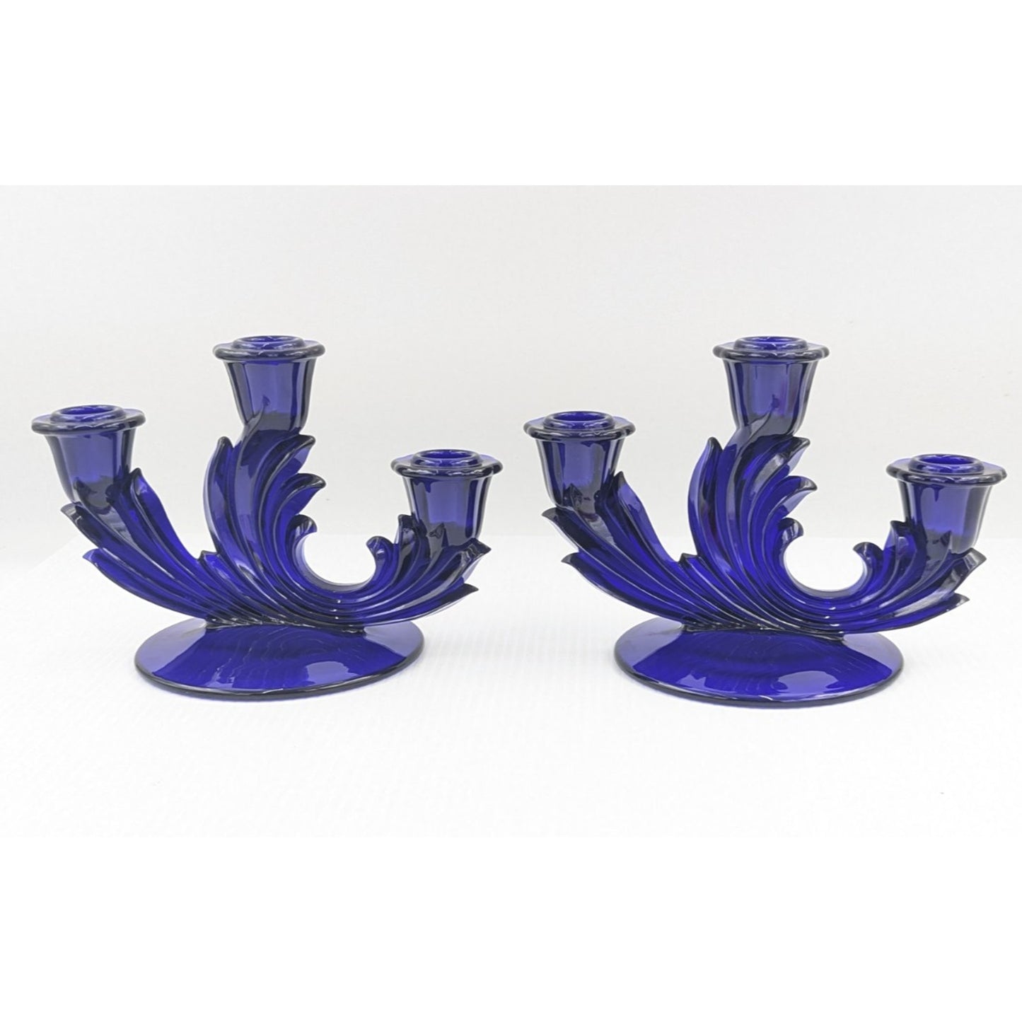 Fostoria Glass Baroque Regal Blue Cobalt 3 Light Candlestick Set of 2 Rare #2496